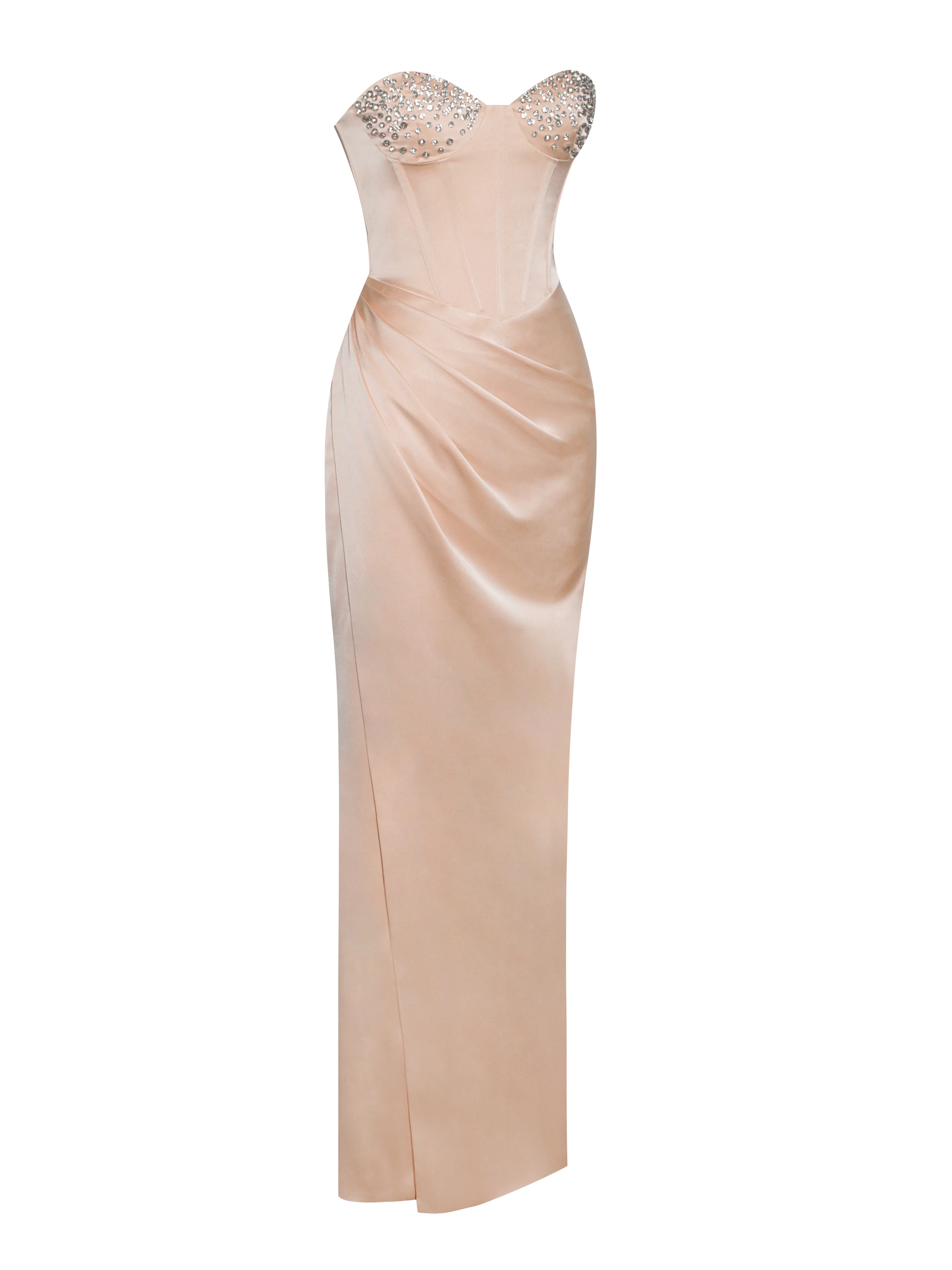 Amelia Blush Satin Corset Slit Gown With Crystal Embellished - Image 10