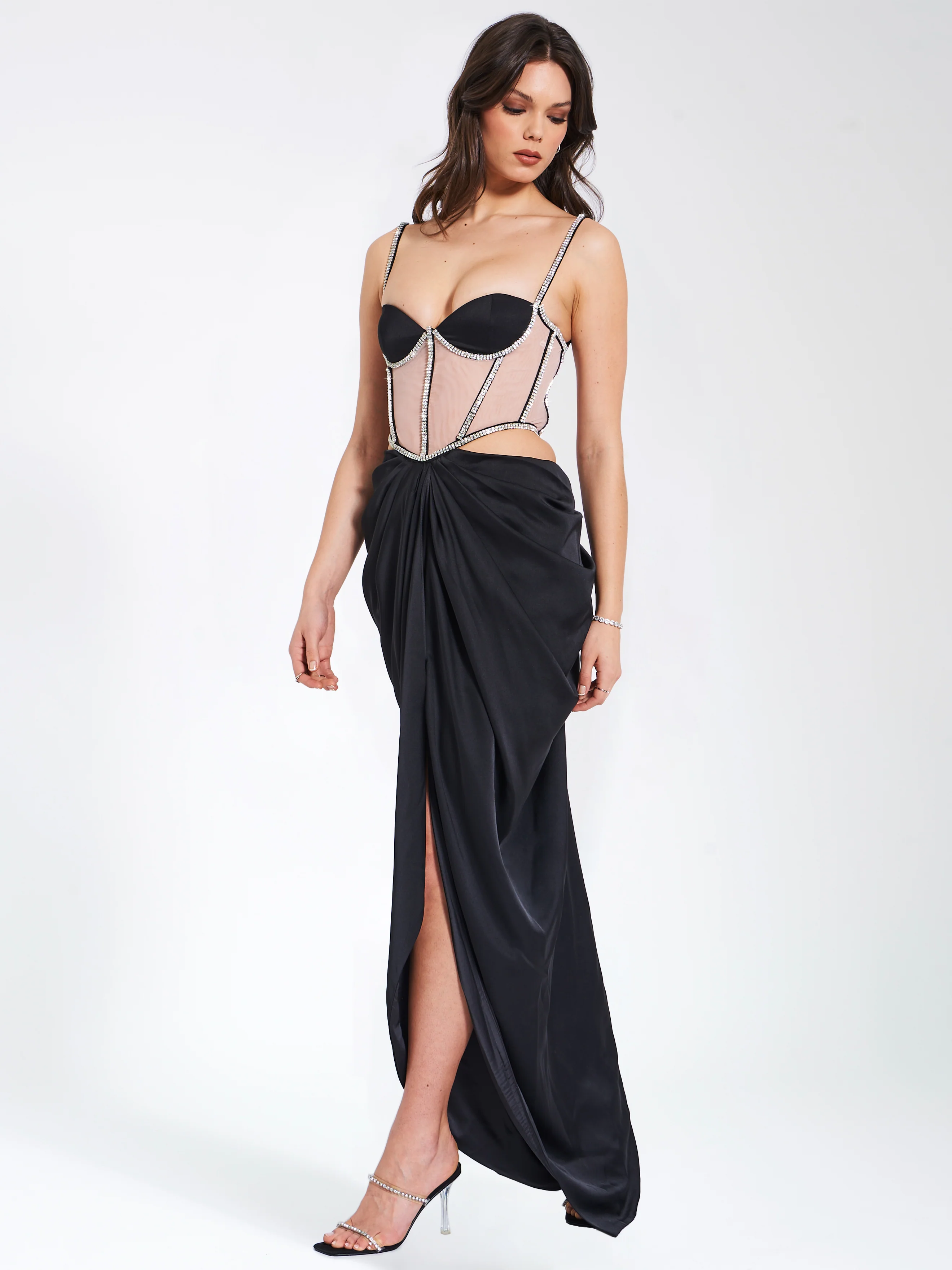 Cadence Black Satin Crystal Embellished Corset Dress - Image 8