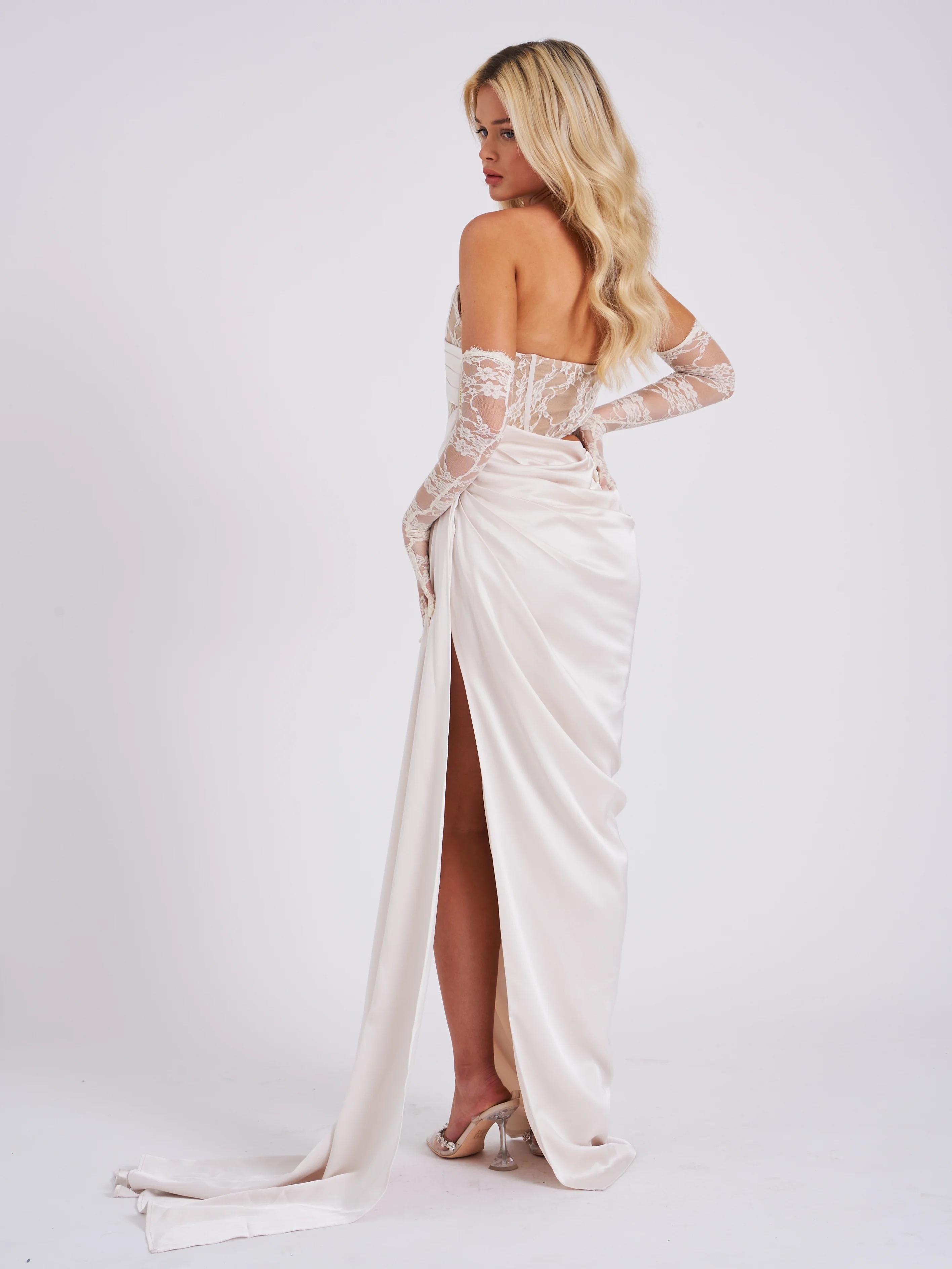 Callie Pearl White Lace Satin Corset High Slit Gown - Image 6