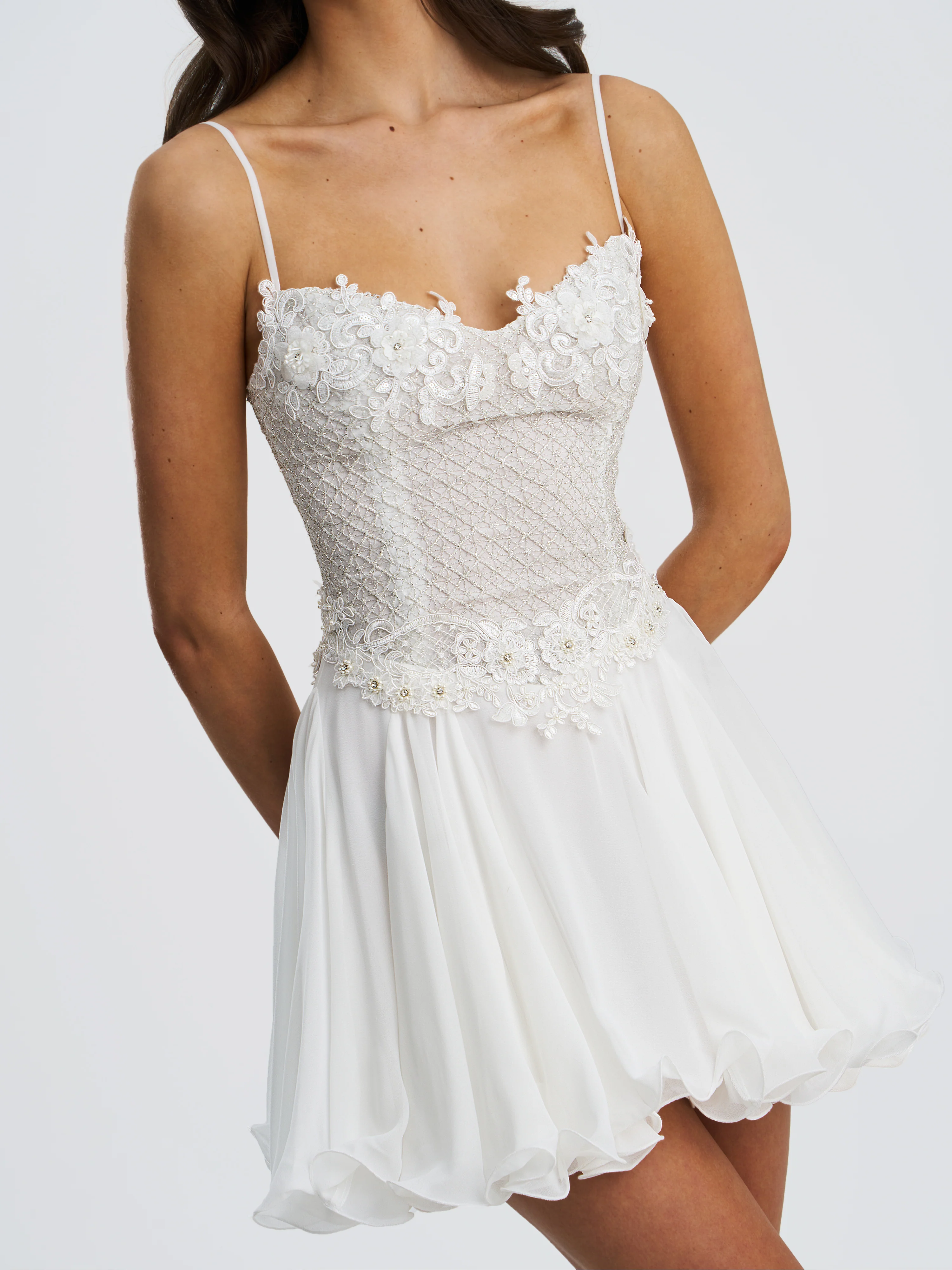 Fabiola Lace Trim Silver Net Top Mini Flare Chiffon Dress - Image 3