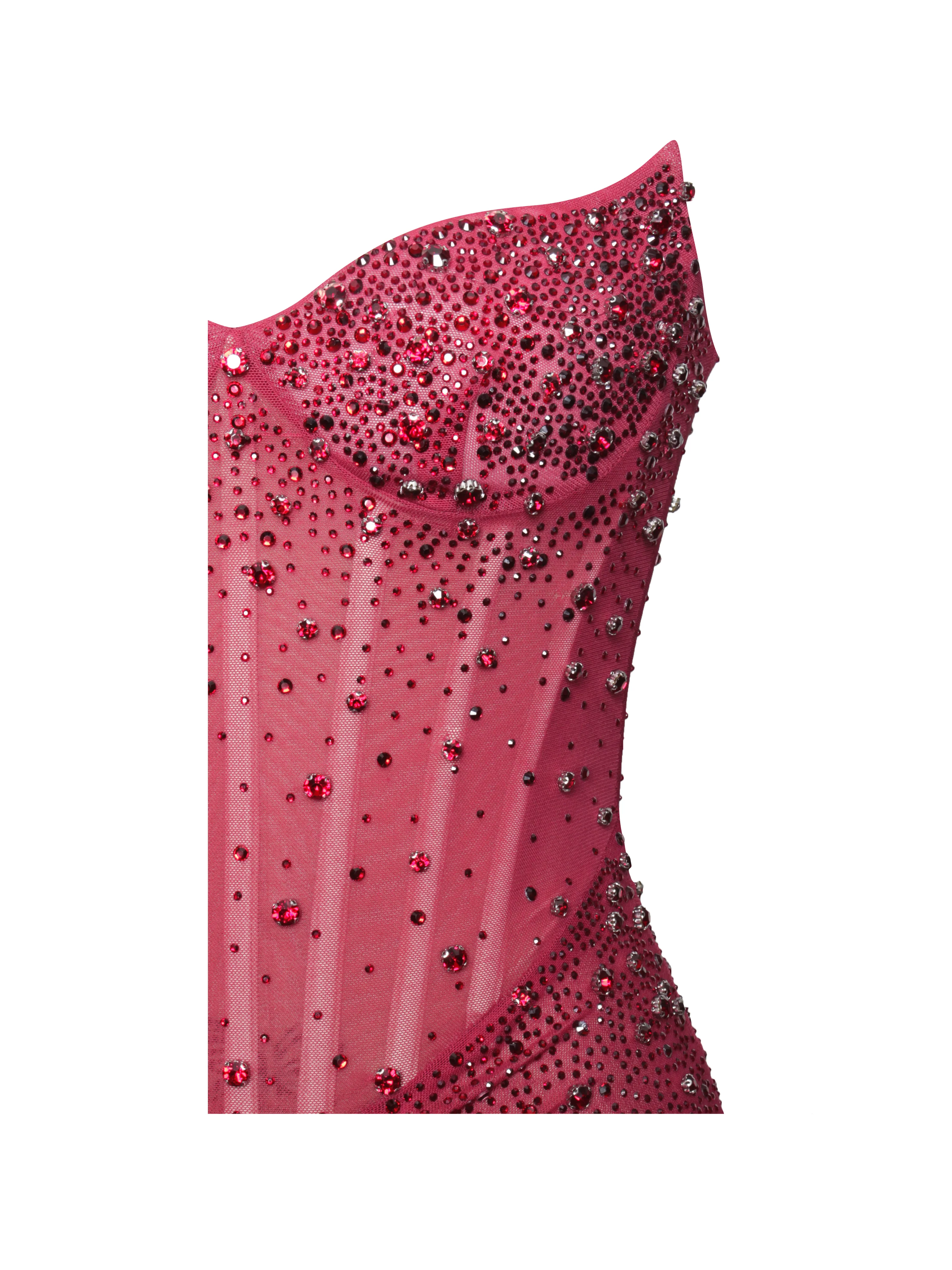 Fatima Burgundy Crystal Sleeveless Corset Mermaid Maxi Dress - Image 11