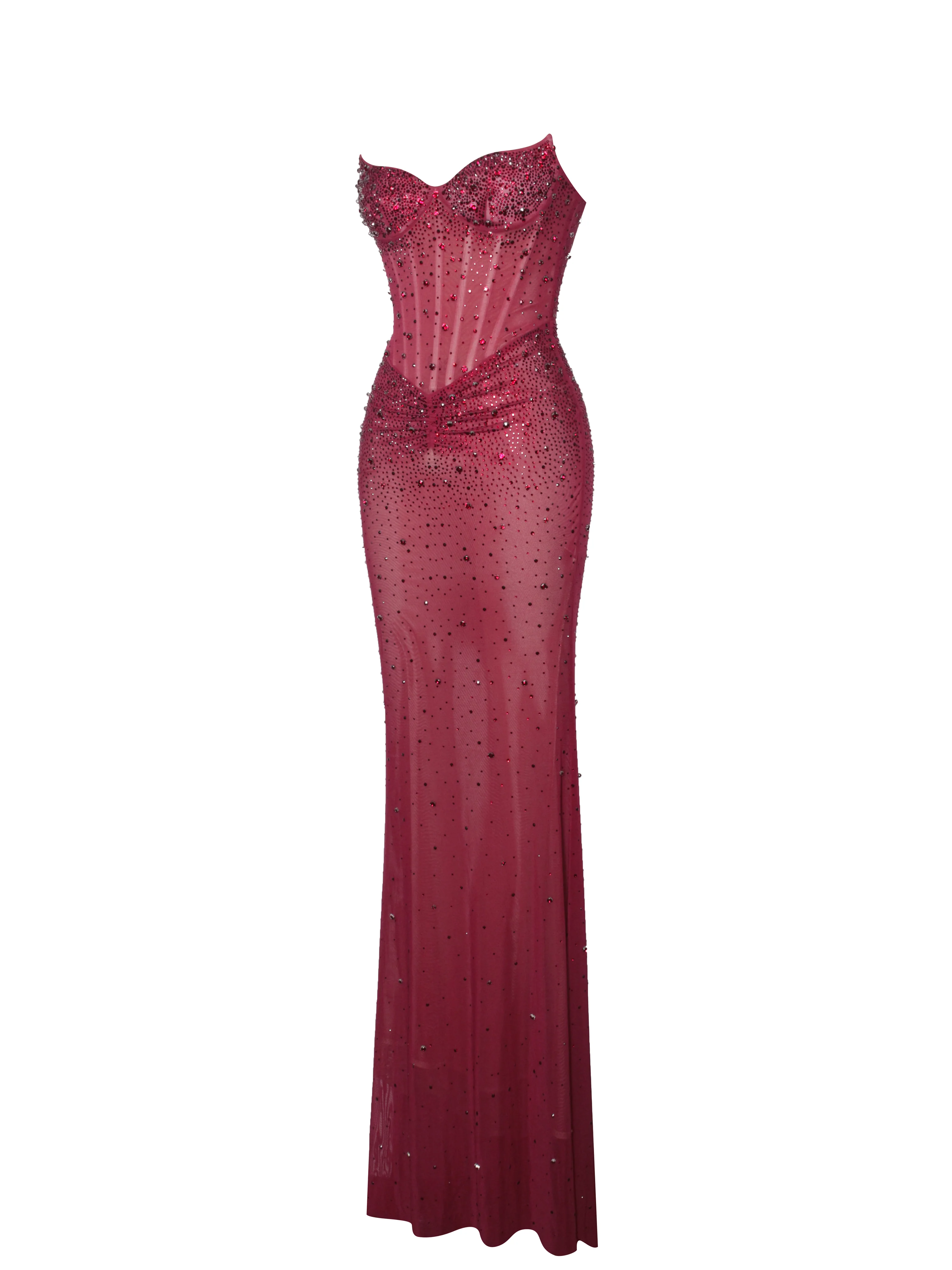 Fatima Burgundy Crystal Sleeveless Corset Mermaid Maxi Dress - Image 9