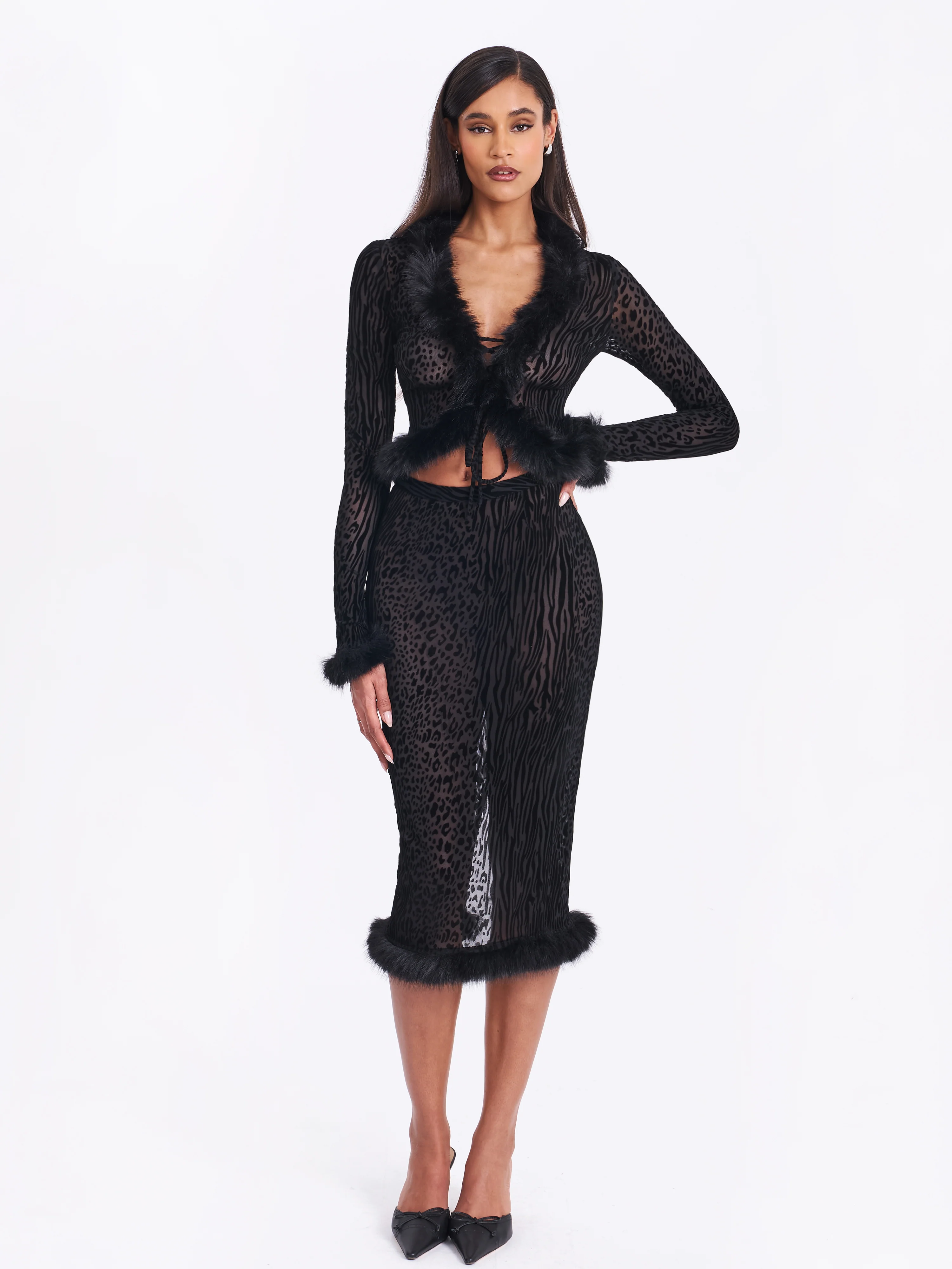Hali Black Animal Print Burnout Velvet Fur Trim Top - Image 10