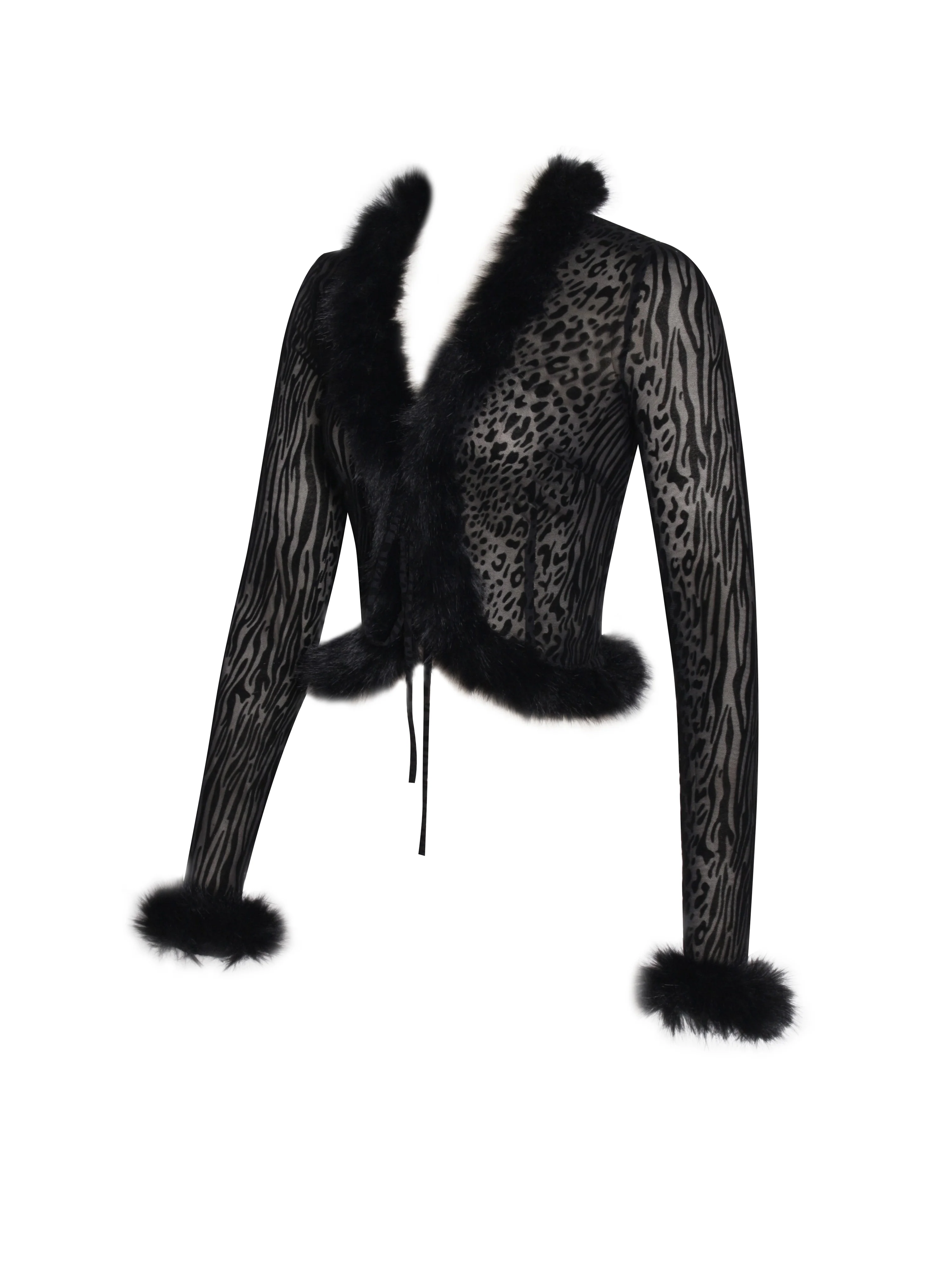 Hali Black Animal Print Burnout Velvet Fur Trim Top - Image 17