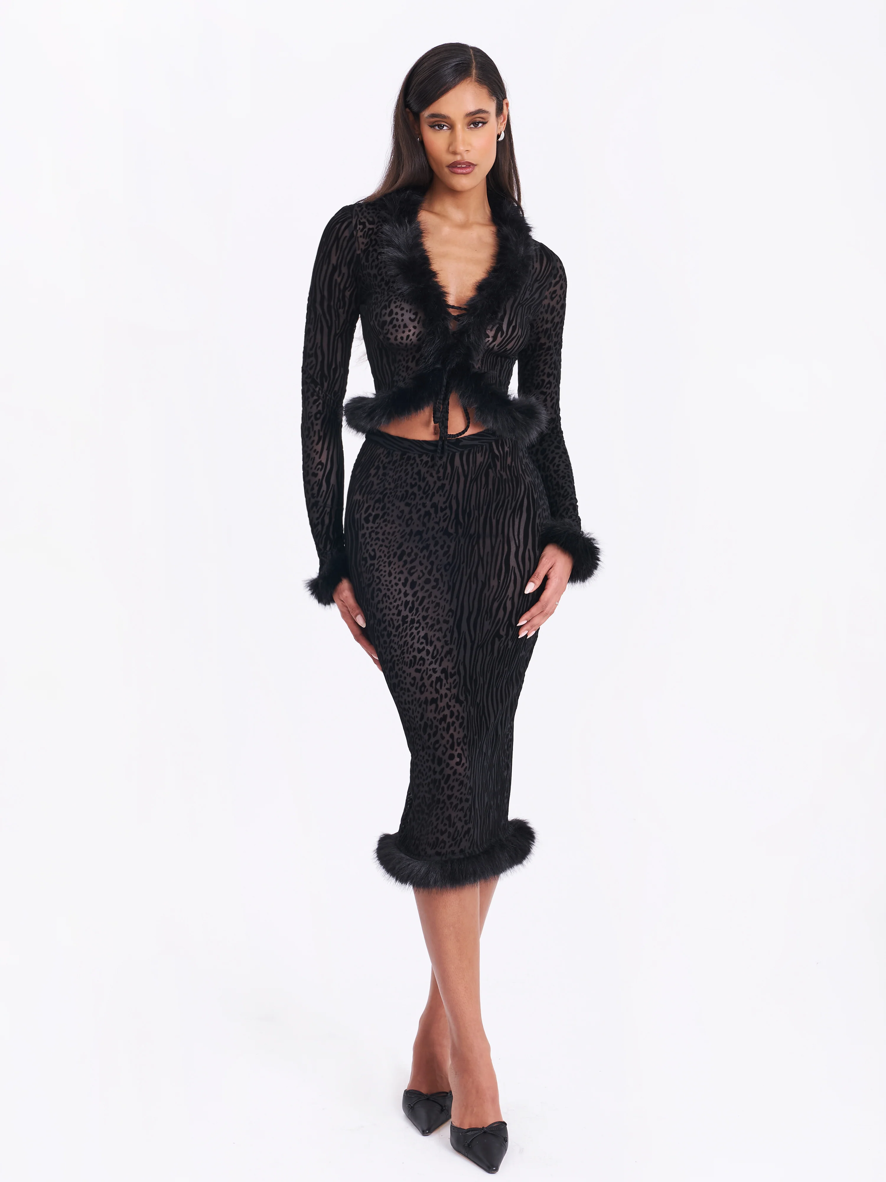 Hali Black Animal Print Burnout Velvet Fur Trim Top - Image 9
