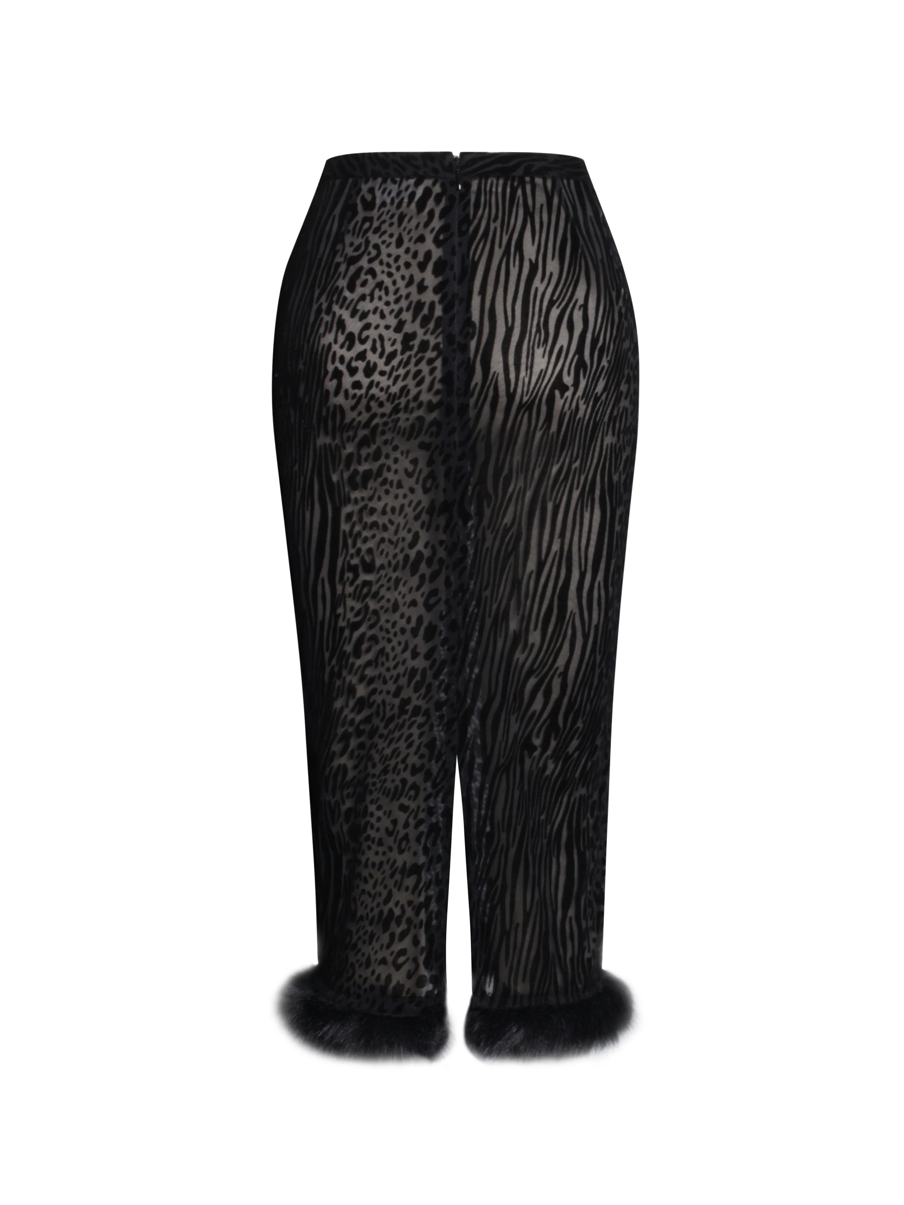 Halia Black Animal Print Burnout Velvet Fur Trim Skirt - Image 14