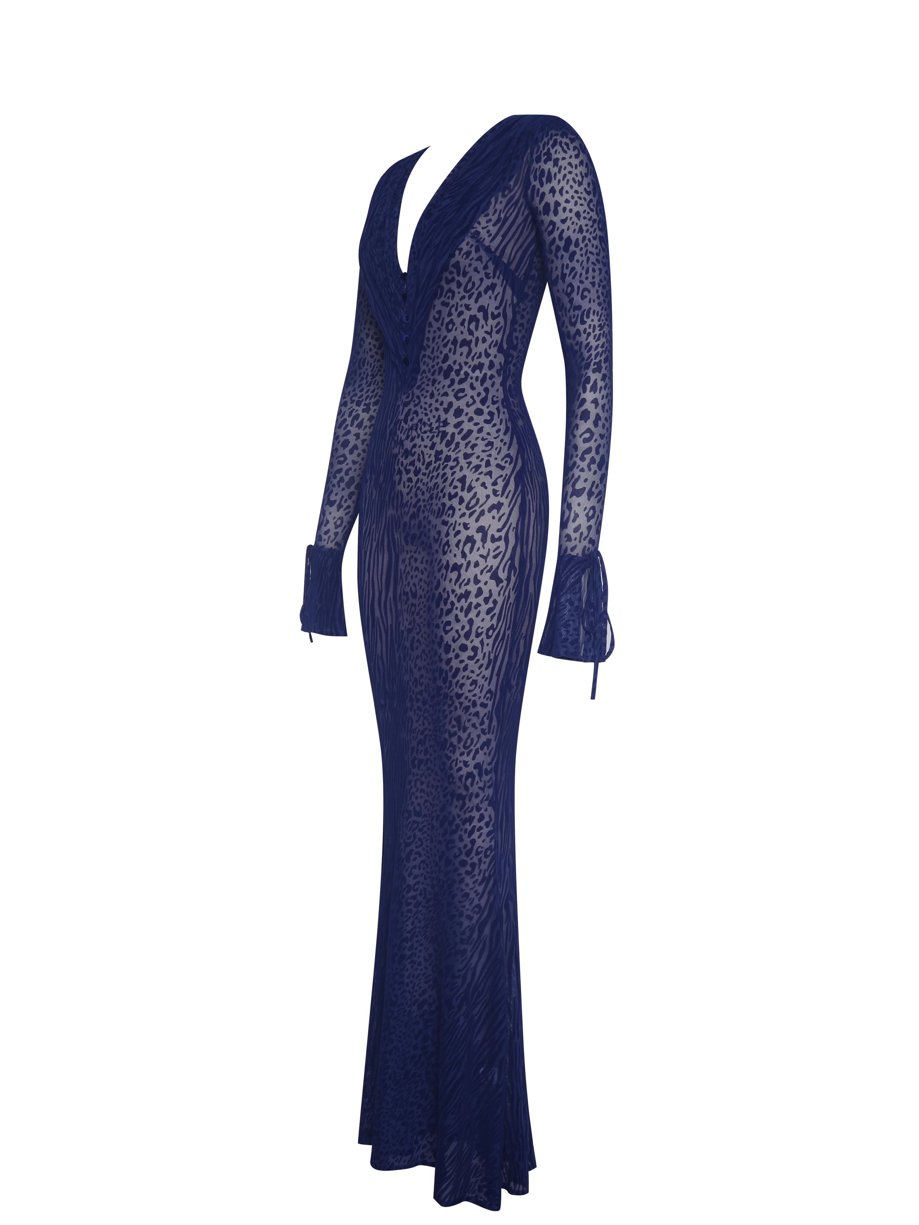 Ilyse Navy V-Neck Plunge Animal Print Mermaid Hem Maxi Dress - Image 13