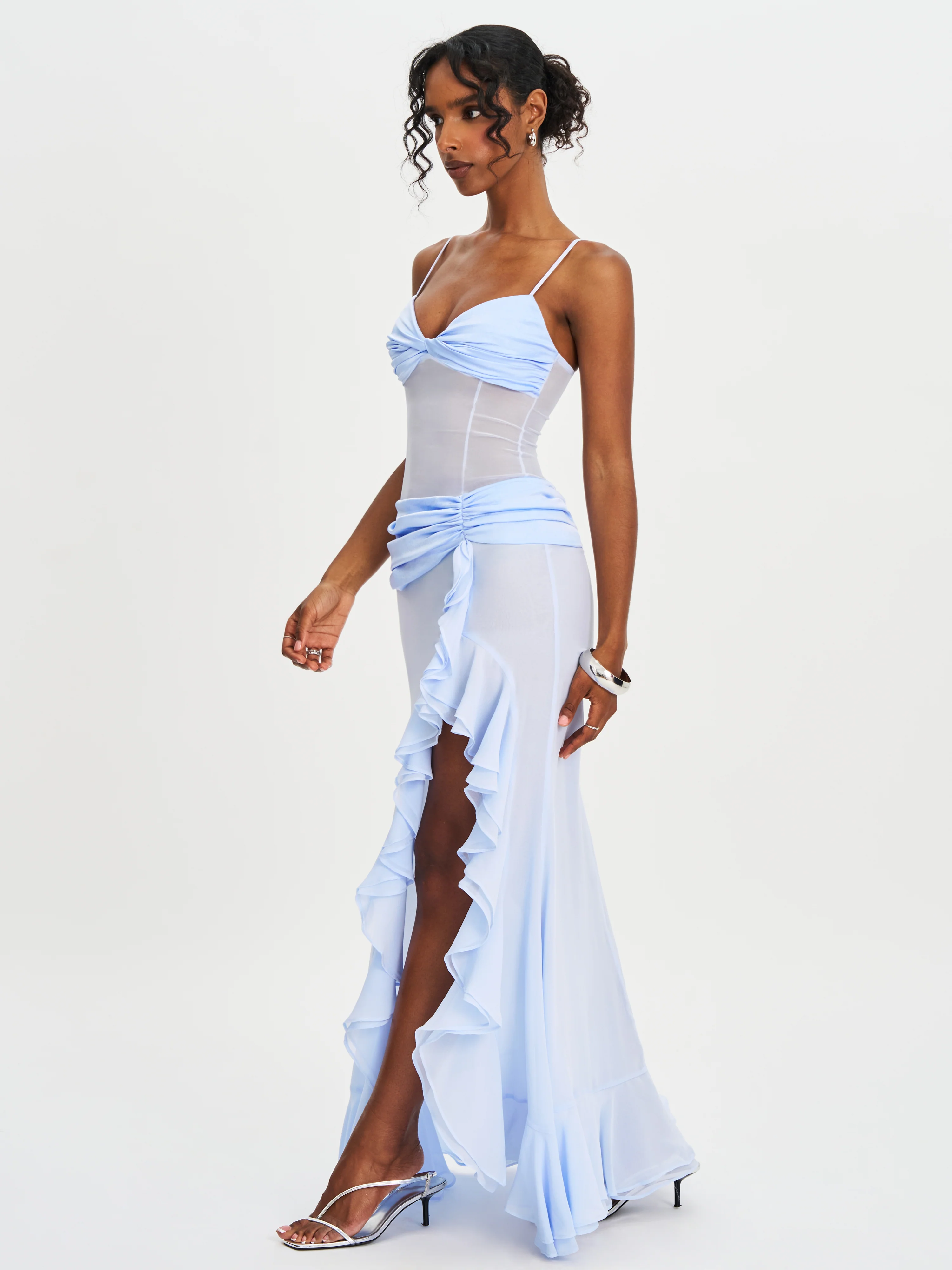Lacy Blue Ruched Breast High Slit Chiffon Dress - Image 8