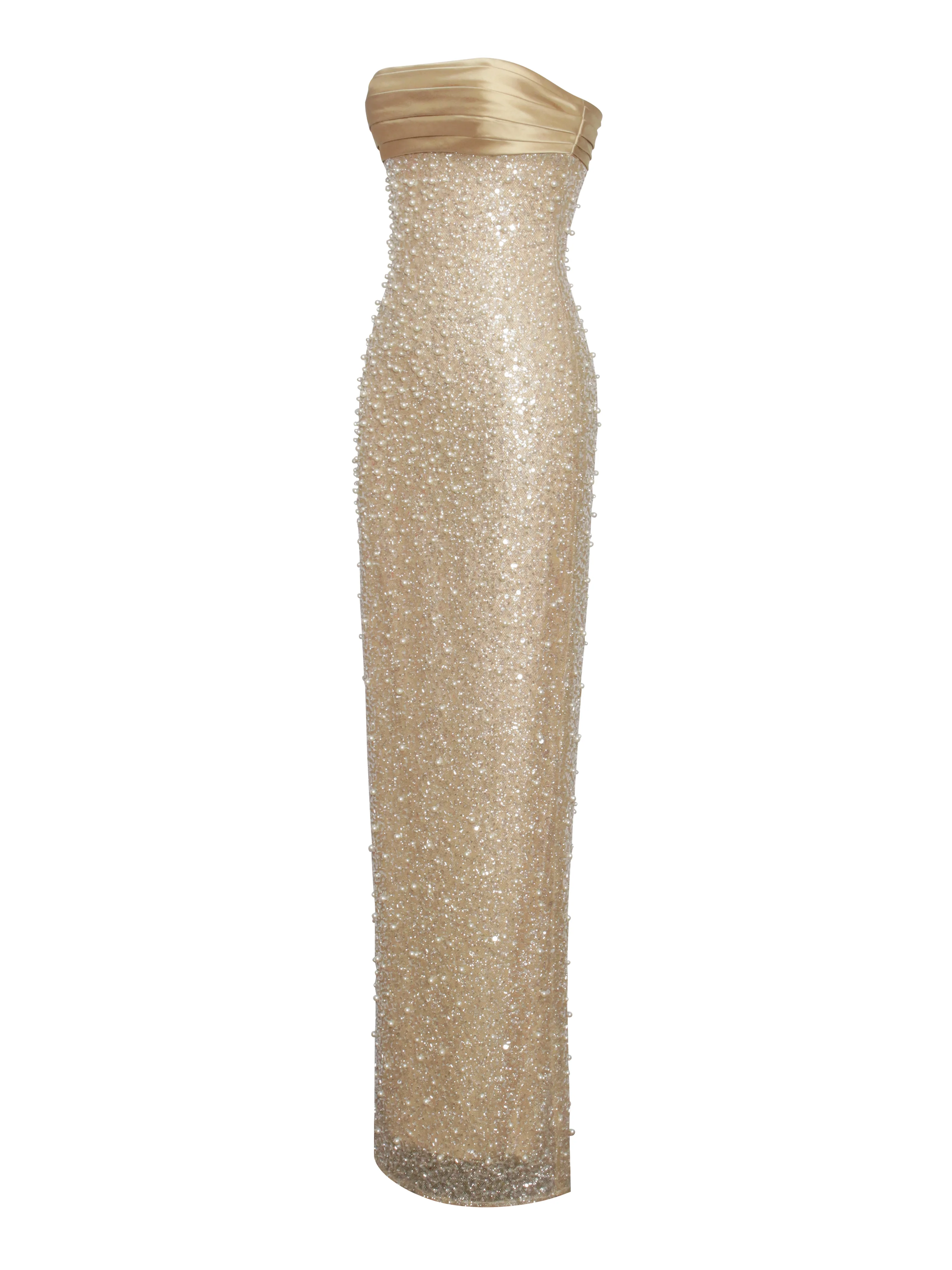 Lainey Gold Satin Sequin Pearls Beaded Maxi Dress - Image 16