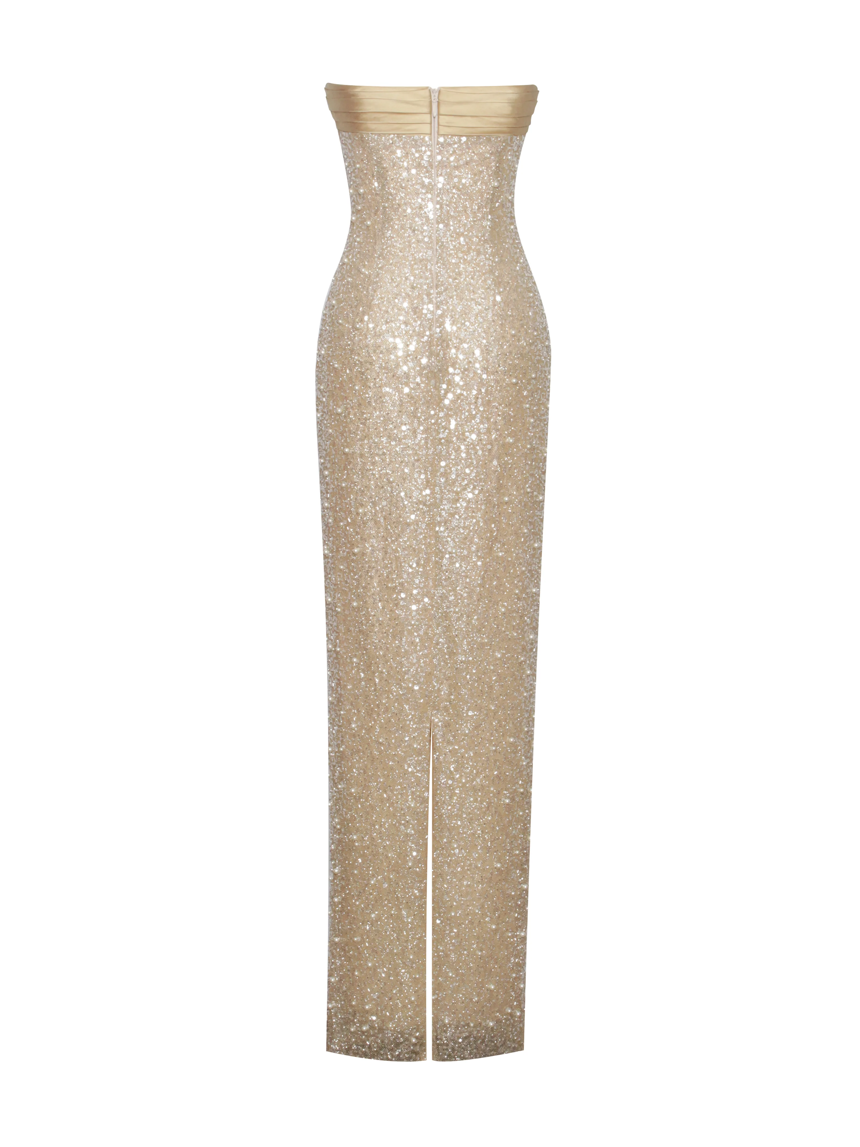Lainey Gold Satin Sequin Pearls Beaded Maxi Dress - Image 17