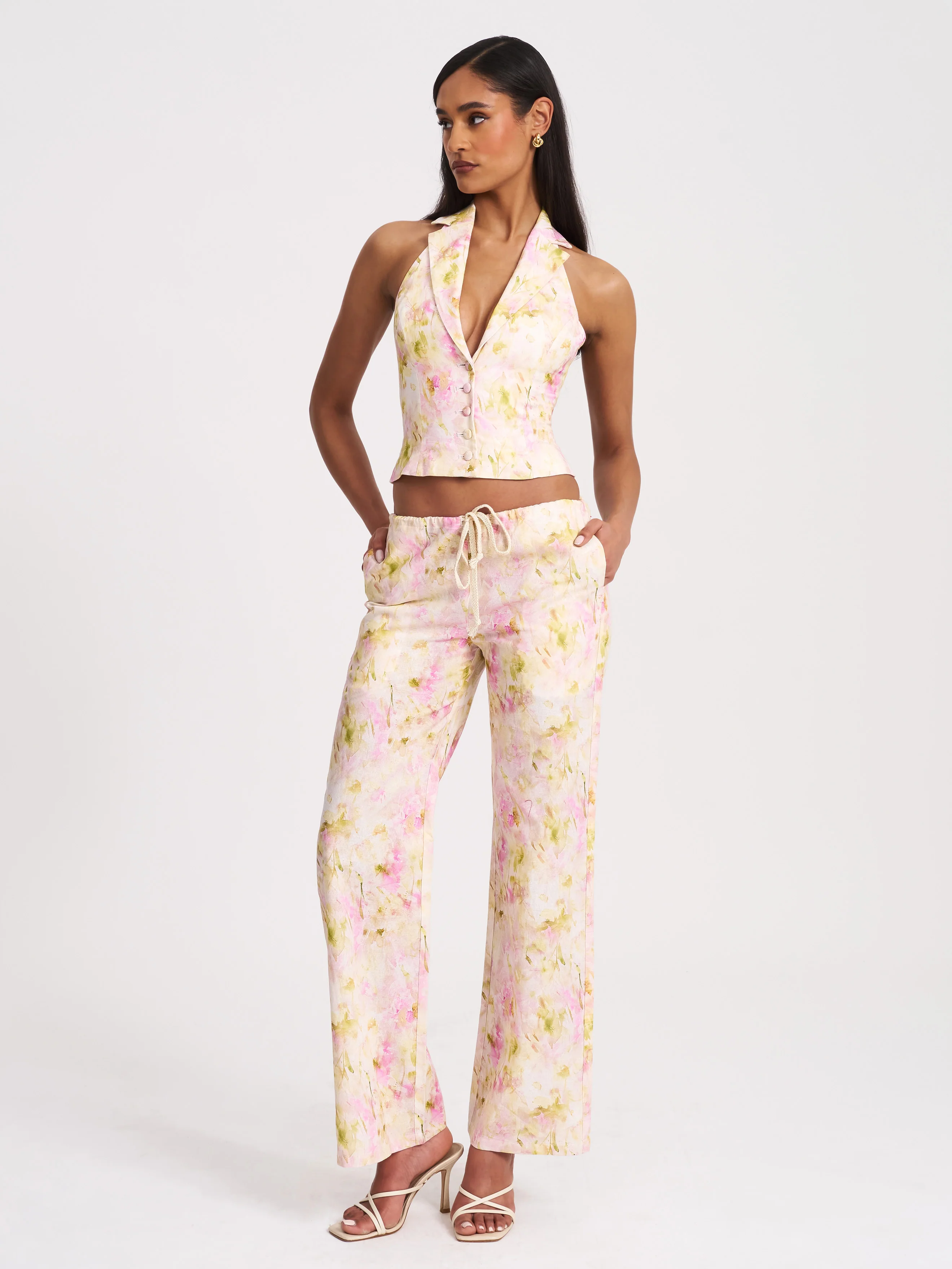 Laureen Pink Floral Print Linen Straight Pants - Image 3