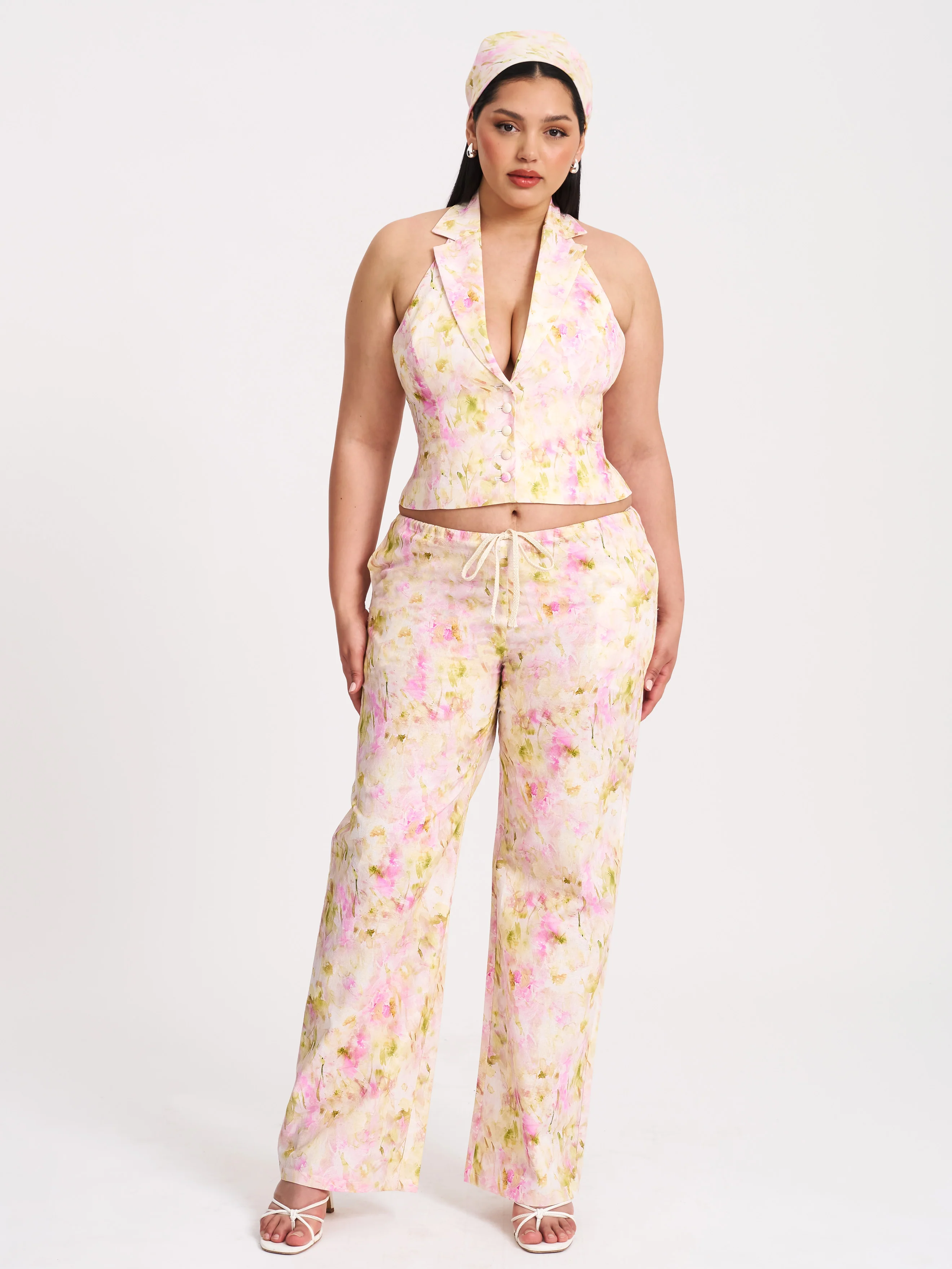Laureen Pink Floral Print Linen Straight Pants - Image 8