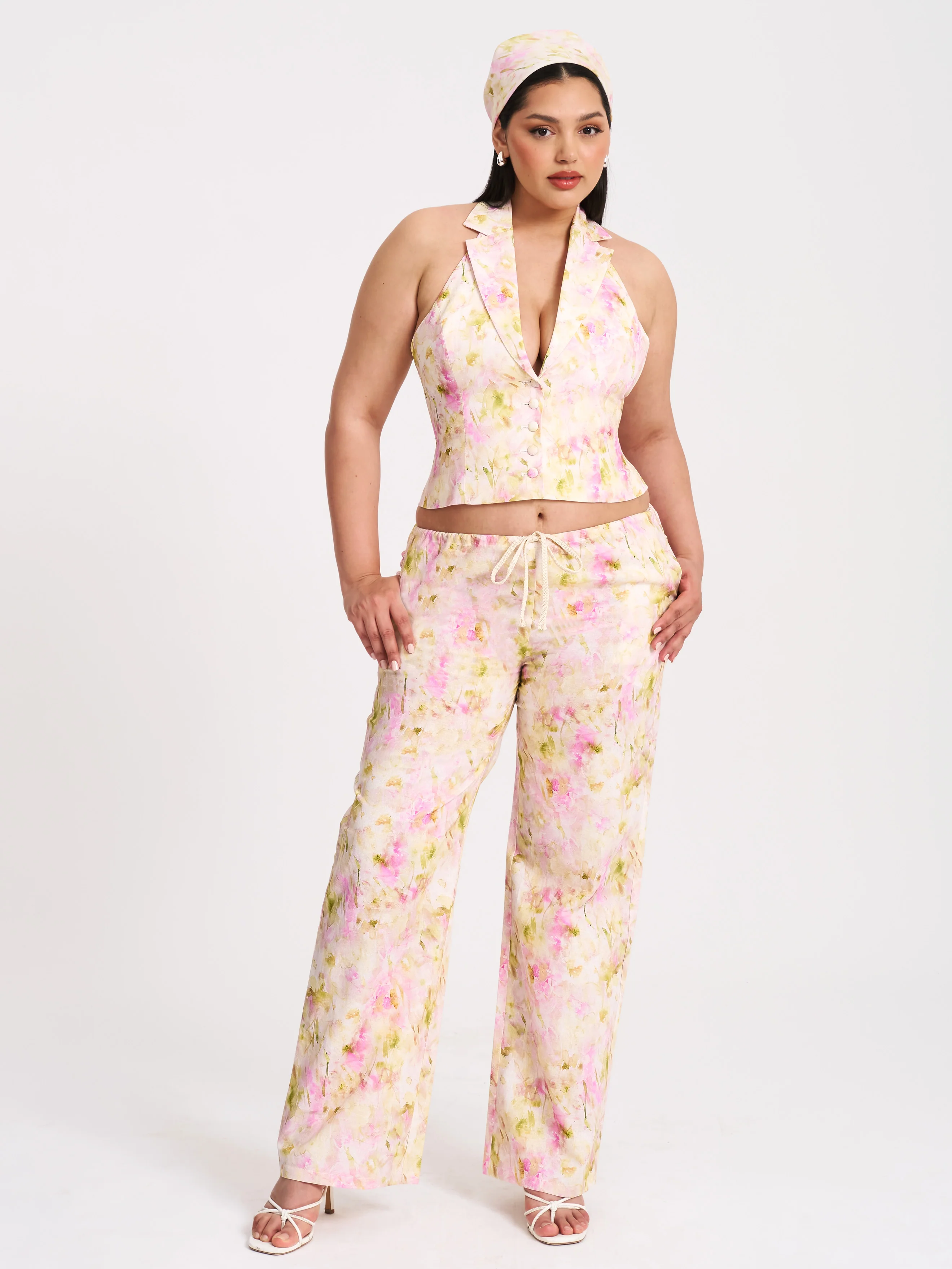 Laureen Pink Floral Print Linen Straight Pants - Image 11