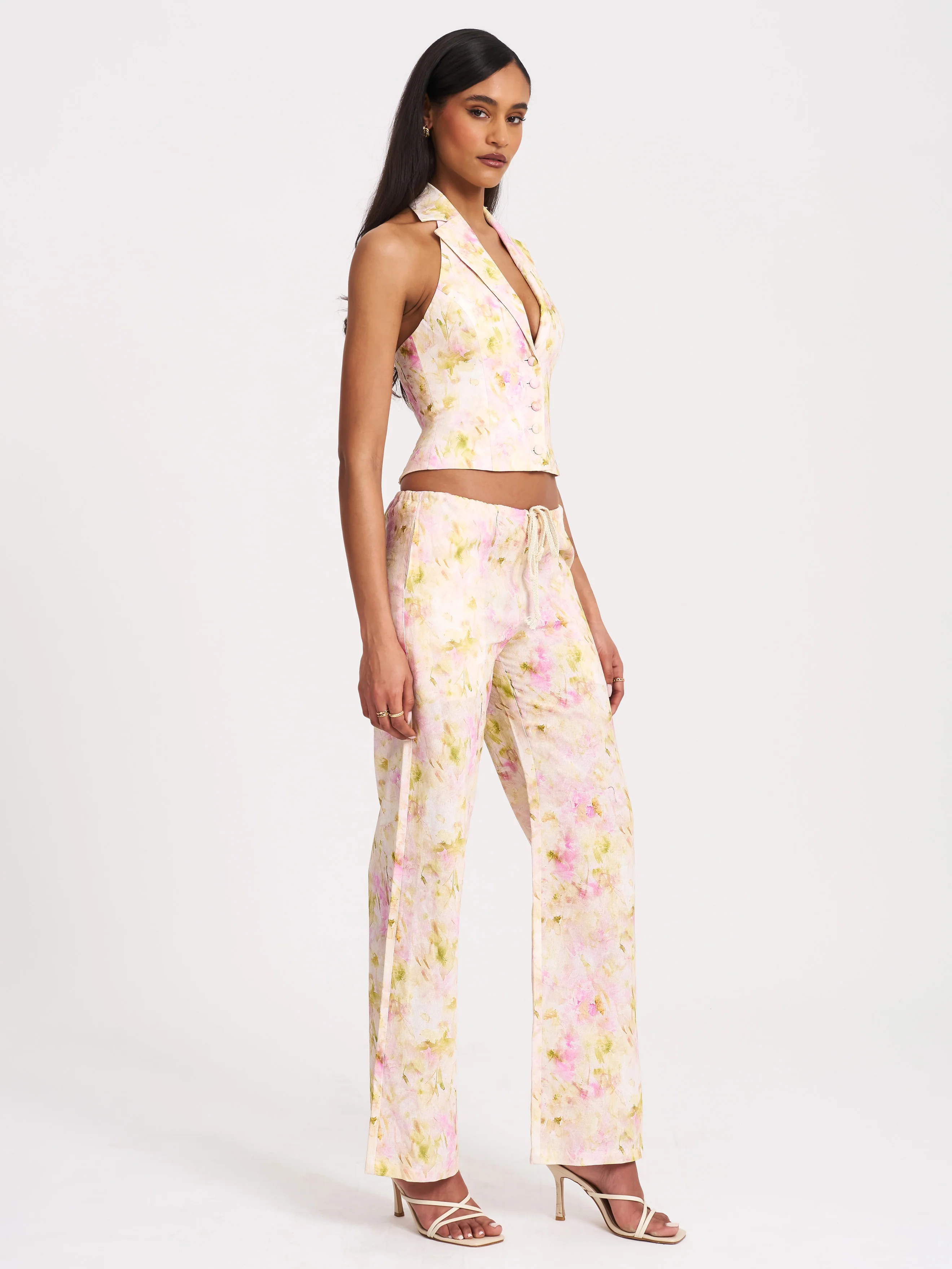 Laureen Pink Floral Print Linen Straight Pants - Image 5