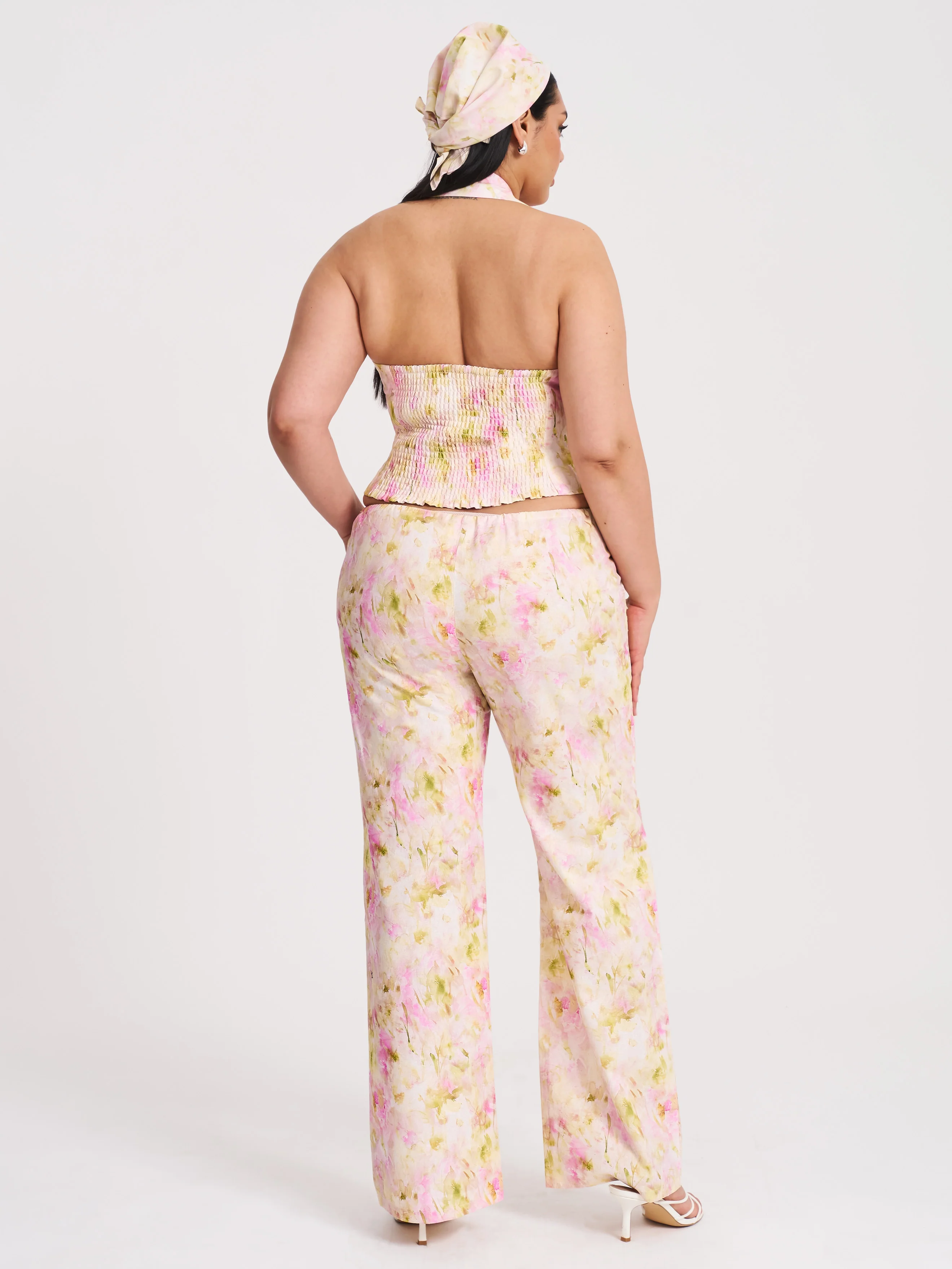 Laureen Pink Floral Print Linen Straight Pants - Image 13