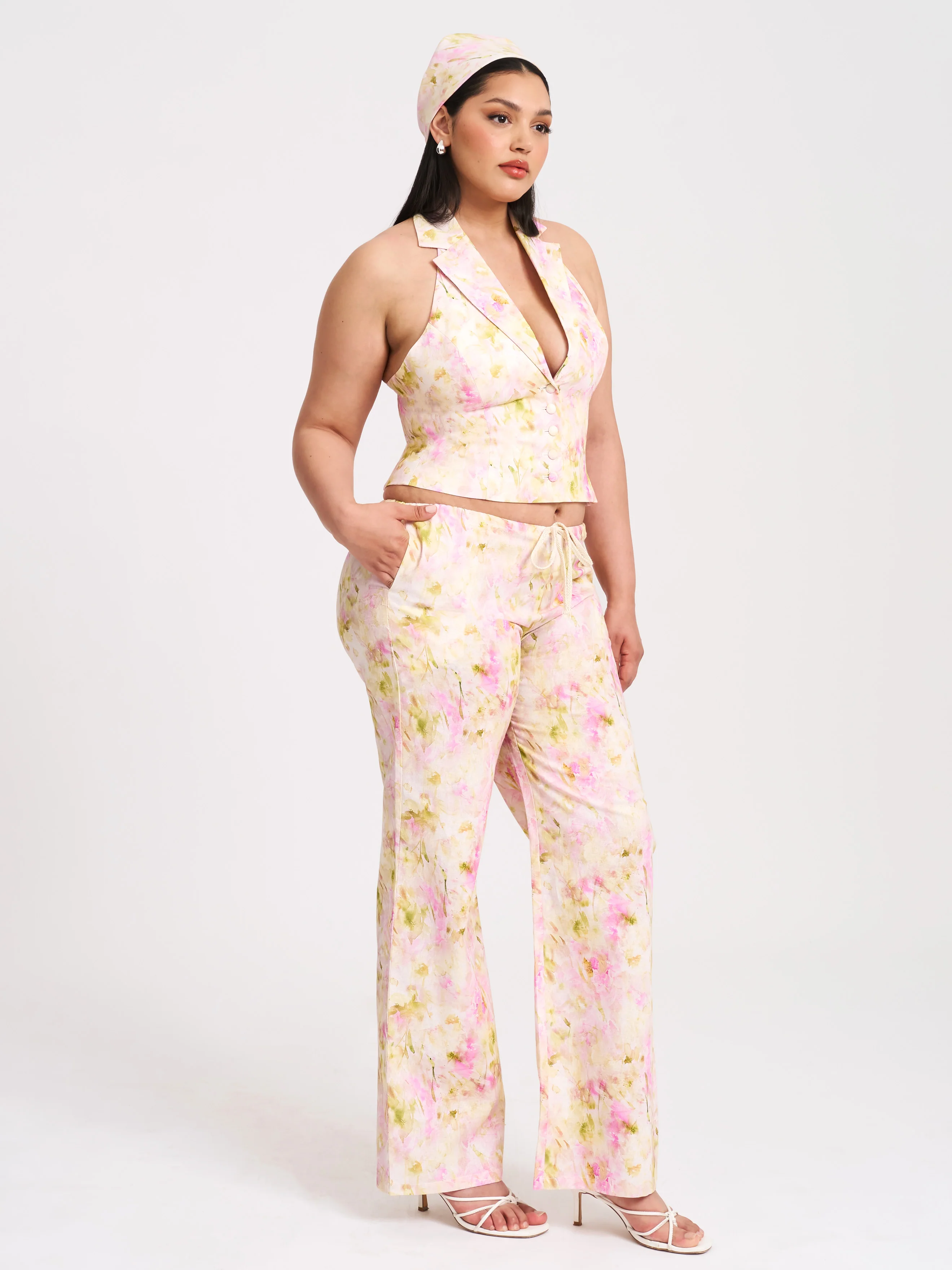 Laureen Pink Floral Print Linen Straight Pants - Image 12