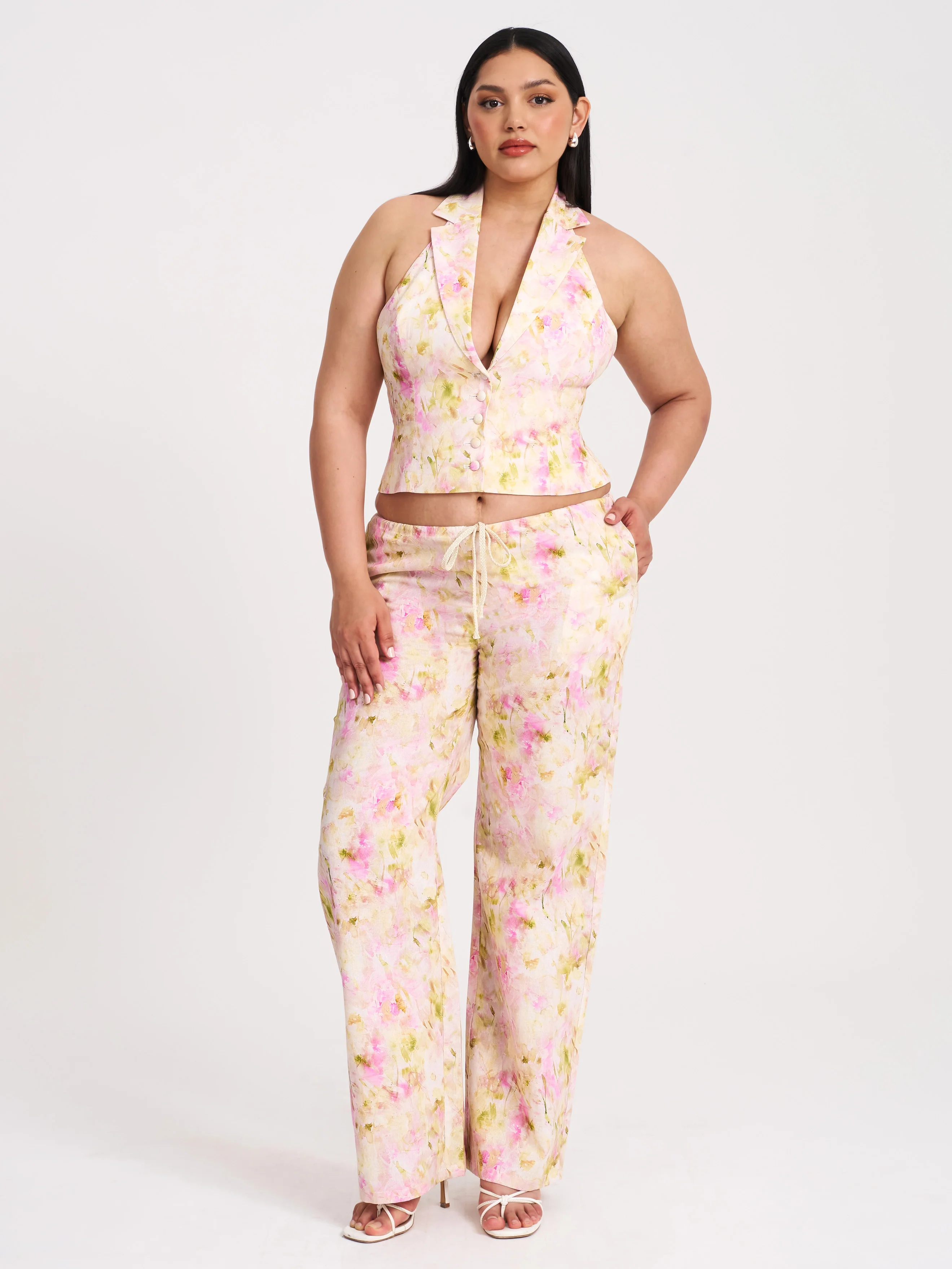 Laureen Pink Floral Print Linen Straight Pants - Image 10