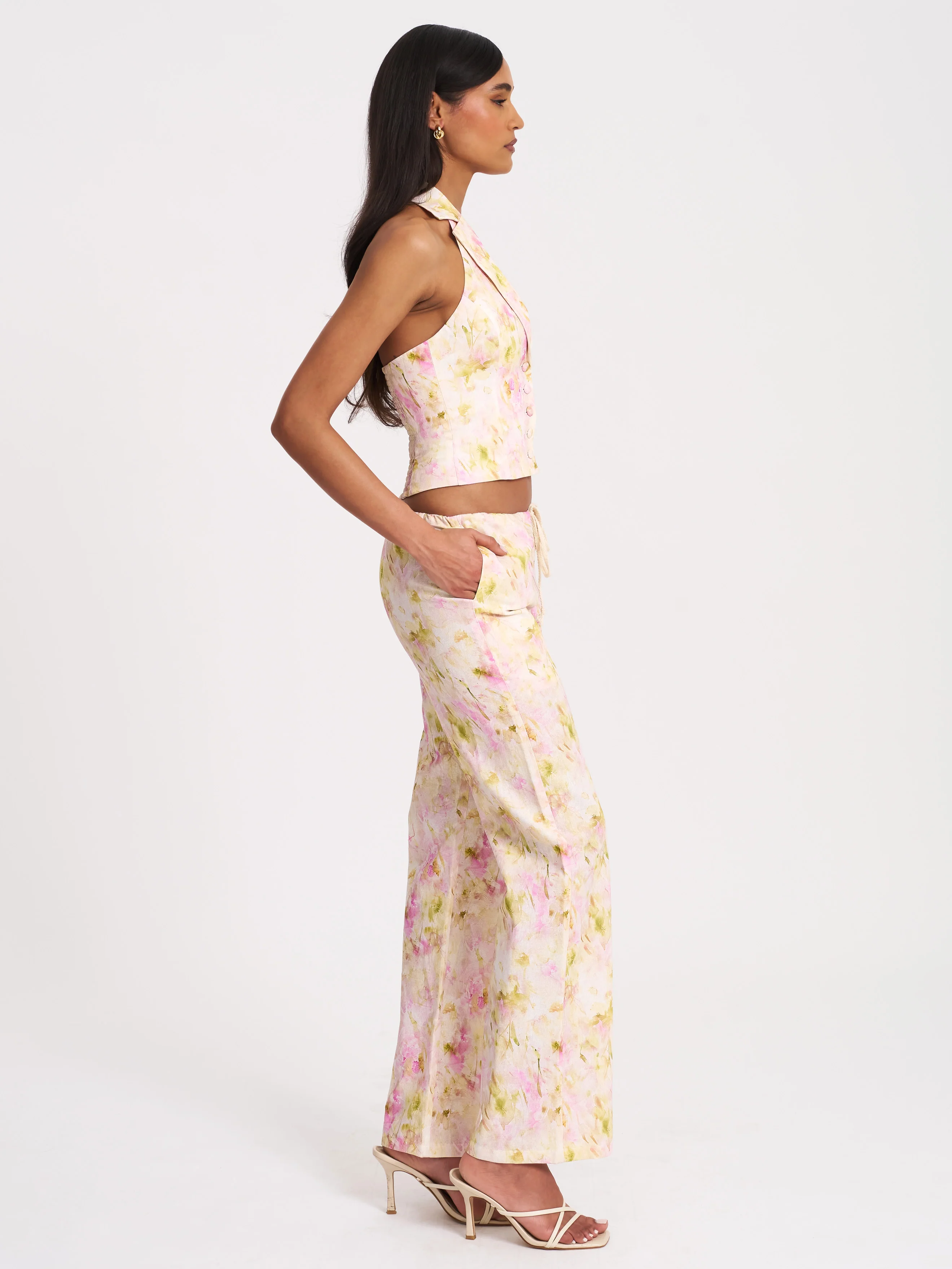 Laureen Pink Floral Print Linen Straight Pants - Image 6