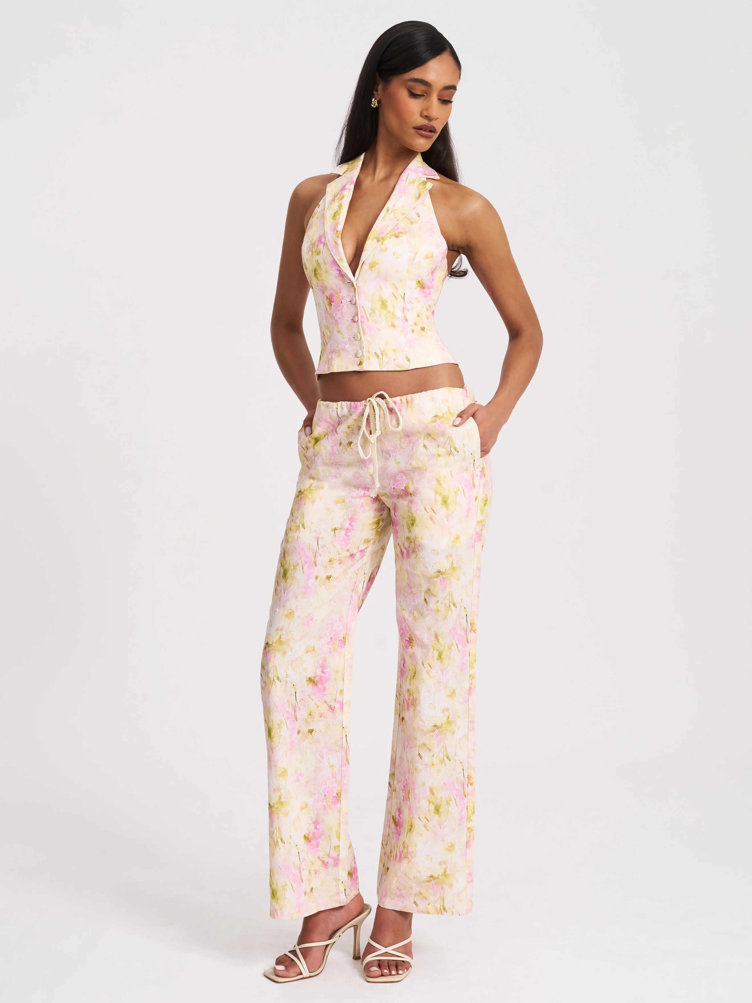Laureen Pink Floral Print Linen Straight Pants - Image 4