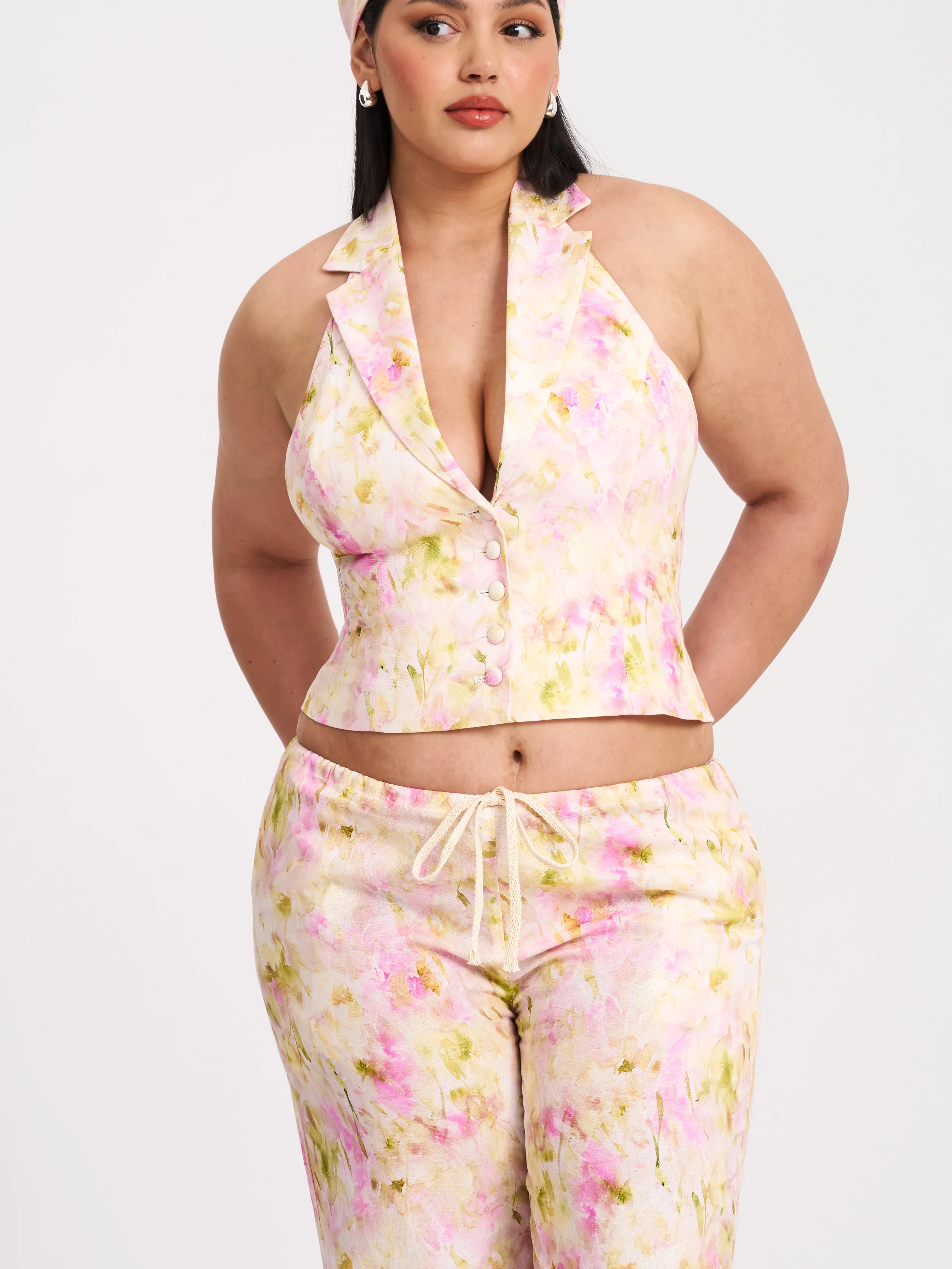 Lauren Pink Floral Print Ruched Back Linen Suit Vest - Image 7