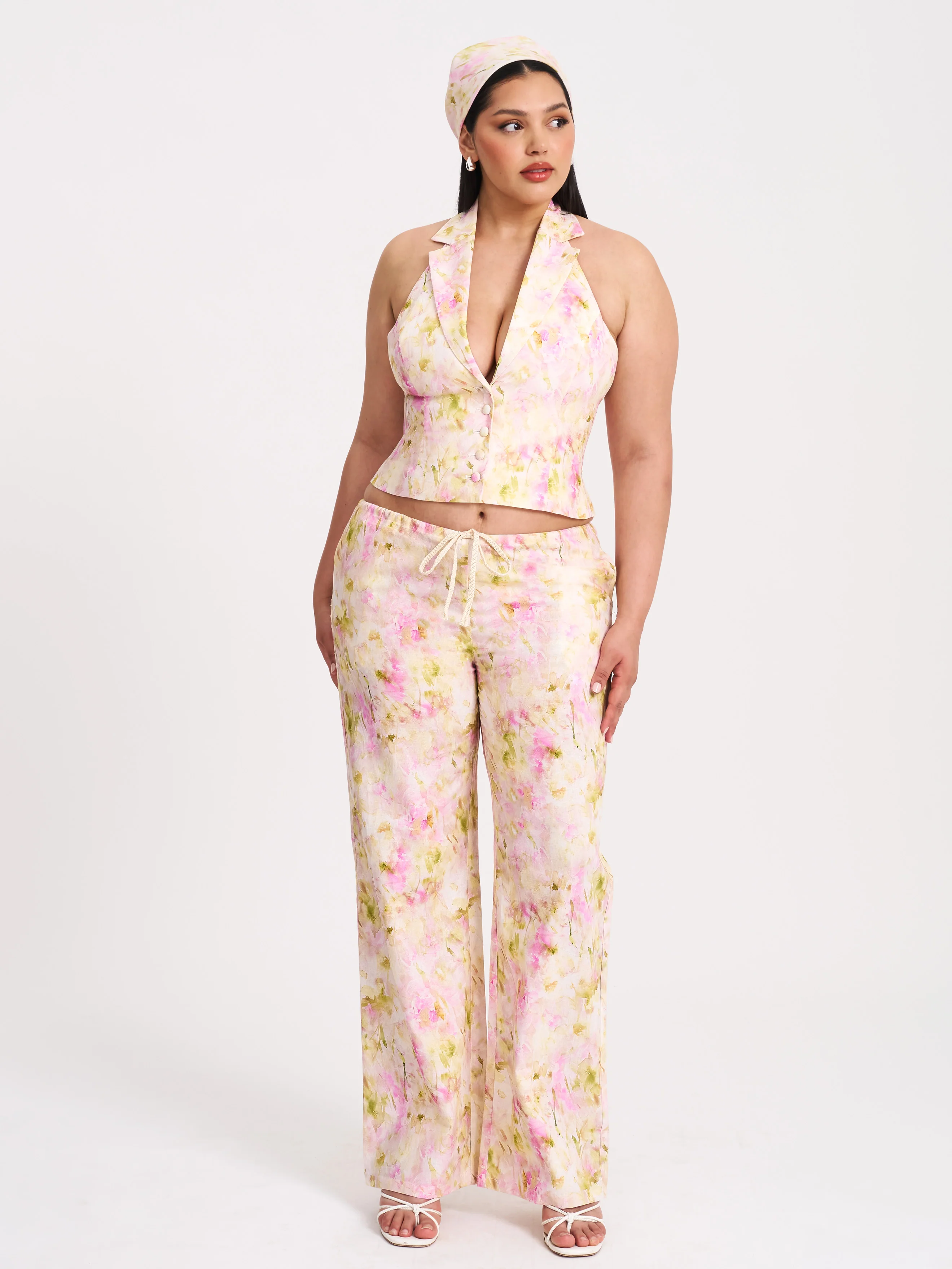 Laureen Pink Floral Print Linen Straight Pants - Image 7