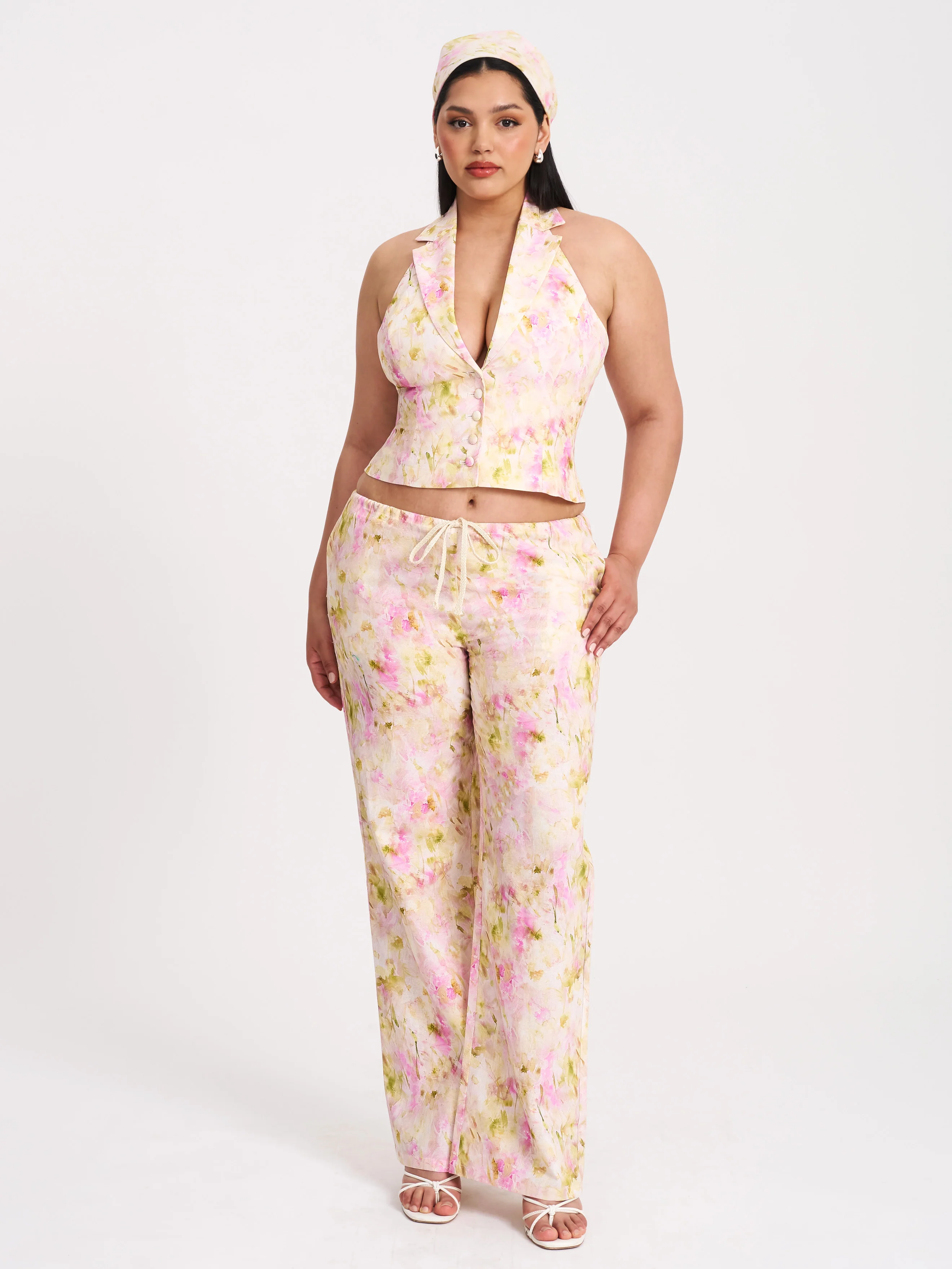 Laureen Pink Floral Print Linen Straight Pants - Image 9