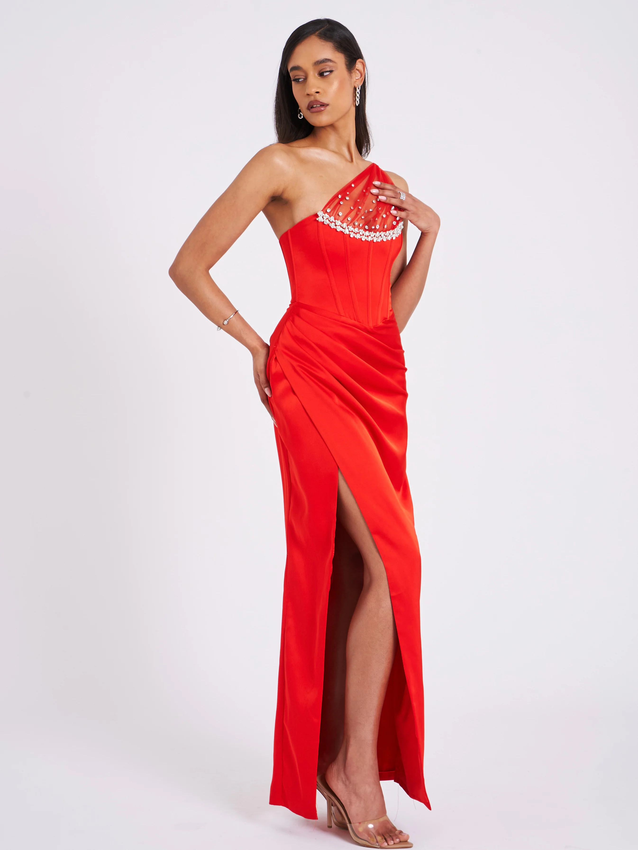 Lora Scarlet Crystal Embellished Mesh Satin Corset Gown - Image 3