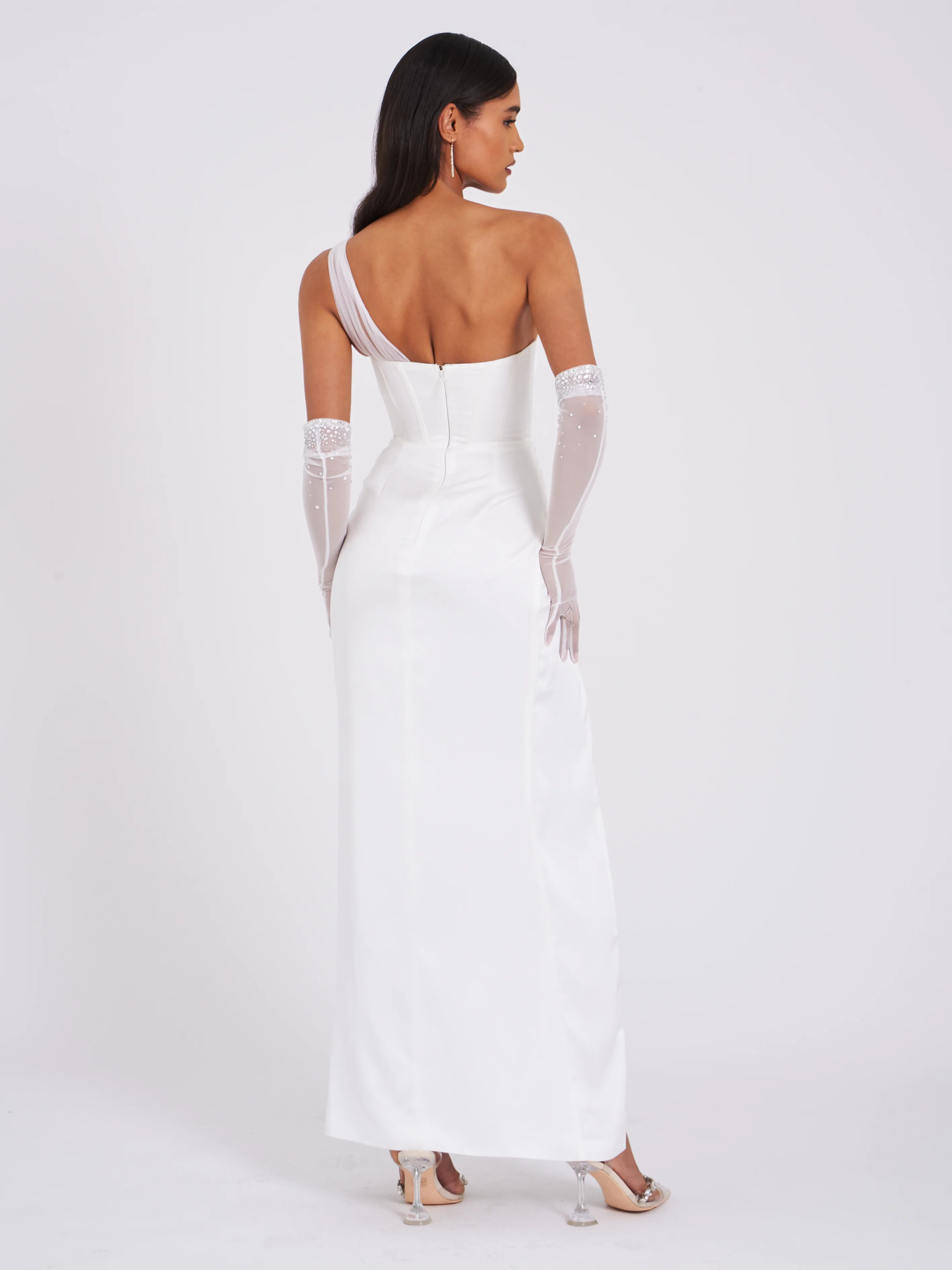 Lora White Crystal Embellished Mesh Satin Corset Gown - Image 5