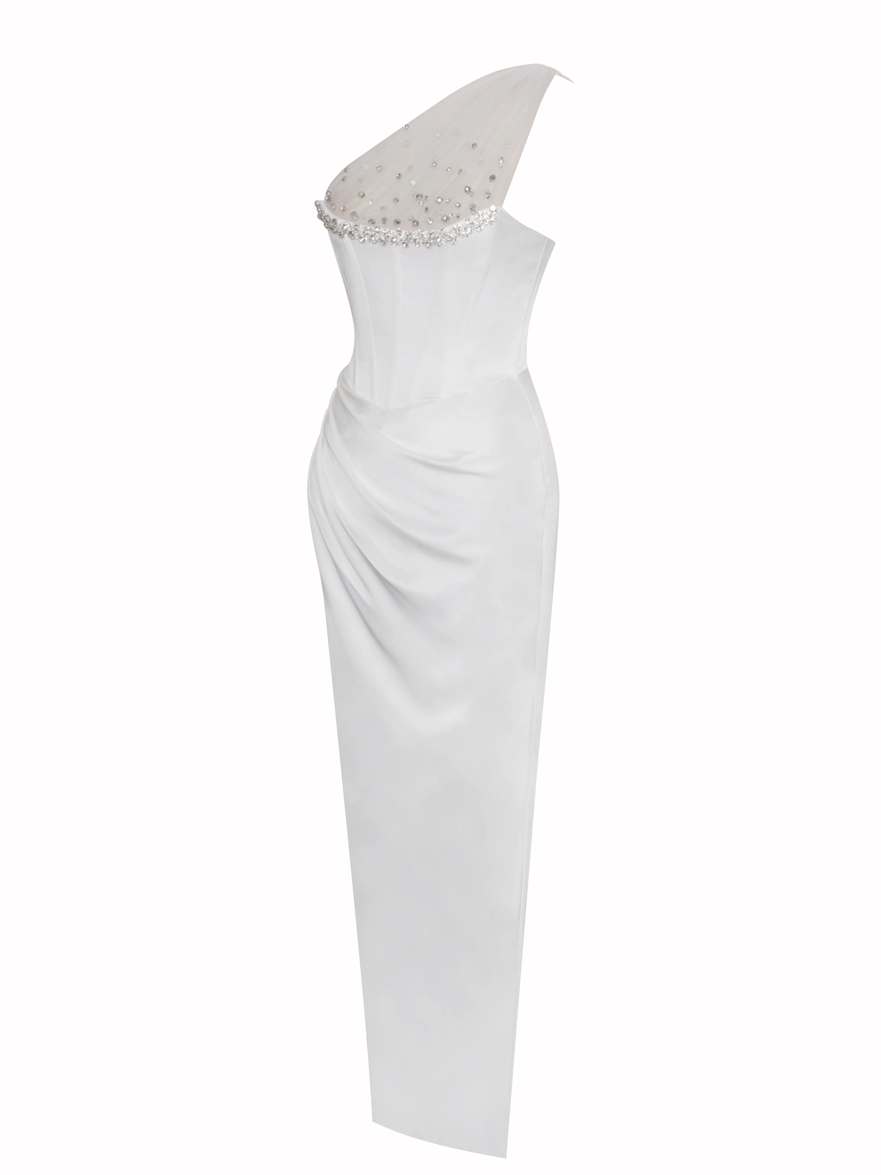 Lora White Crystal Embellished Mesh Satin Corset Gown - Image 7