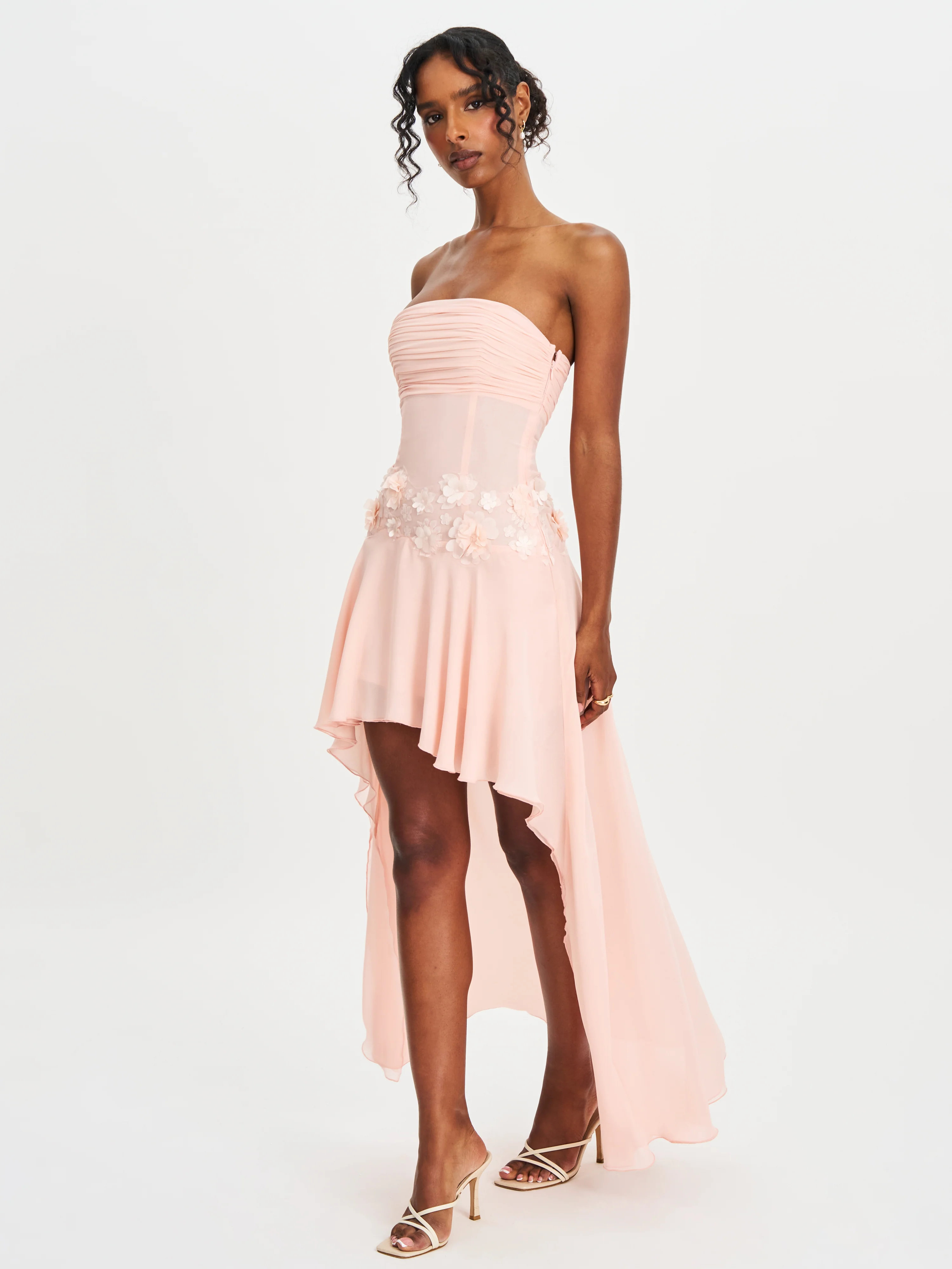 Mae Pink Ruched Breast Appliqué Trim Trailing Dress - Image 7