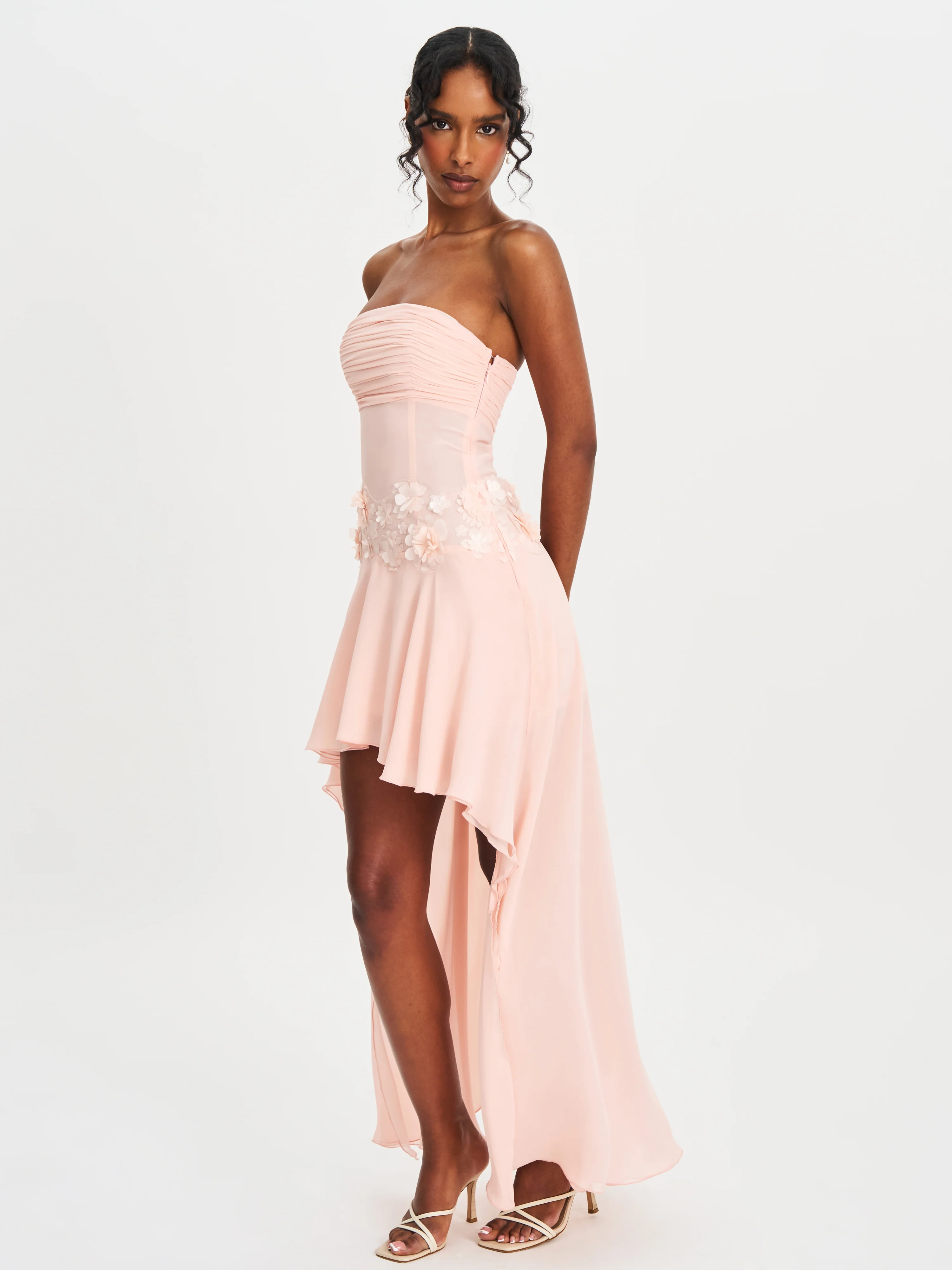 Mae Pink Ruched Breast Appliqué Trim Trailing Dress - Image 8