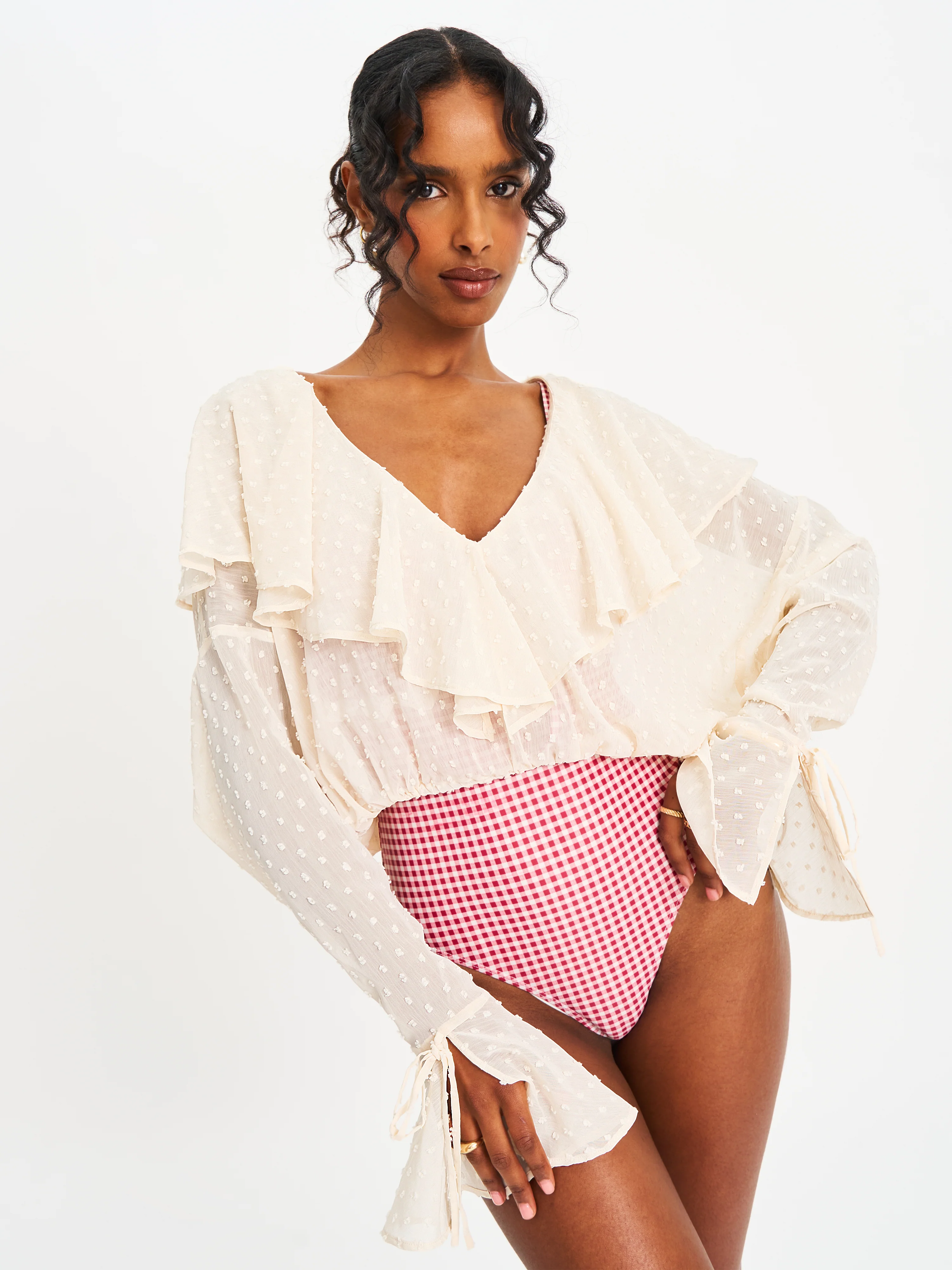 Magali Beige Dotted Mesh Ruffle V Collar Top - Image 5