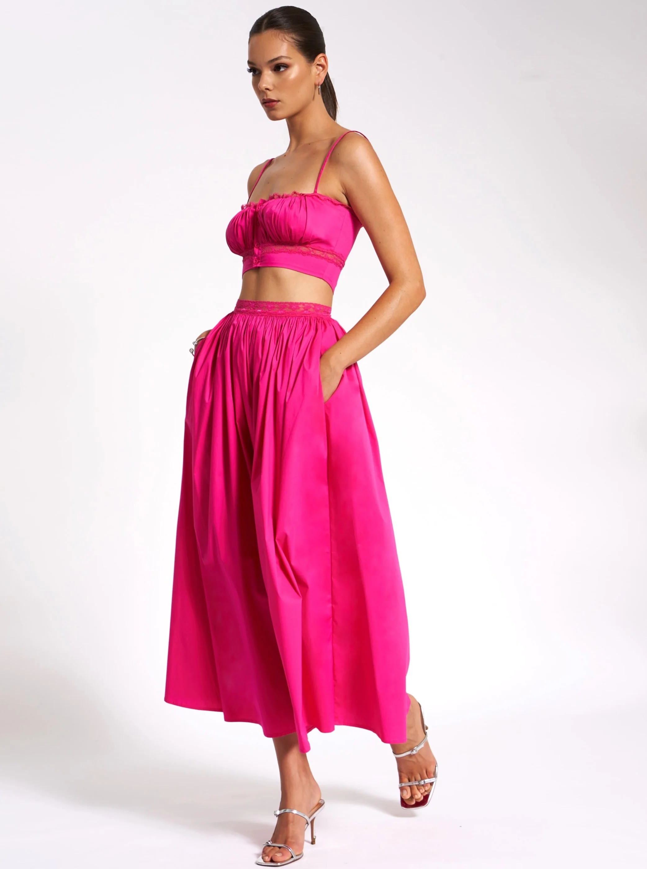 Martha Fuchsia Cotton Poplin Maxi Skirt With Lace Trim - Image 5
