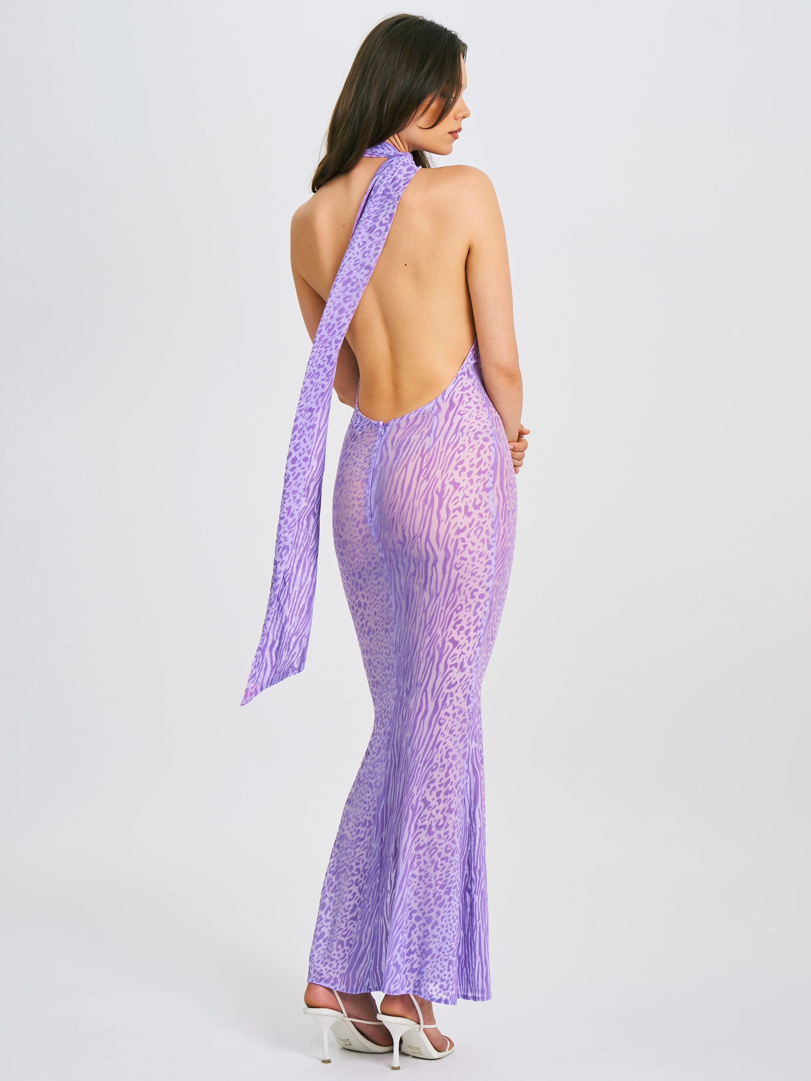 Olena Purple Burnout Velvet Animal Print Mesh Halter Neck Maxi Dress - Image 10