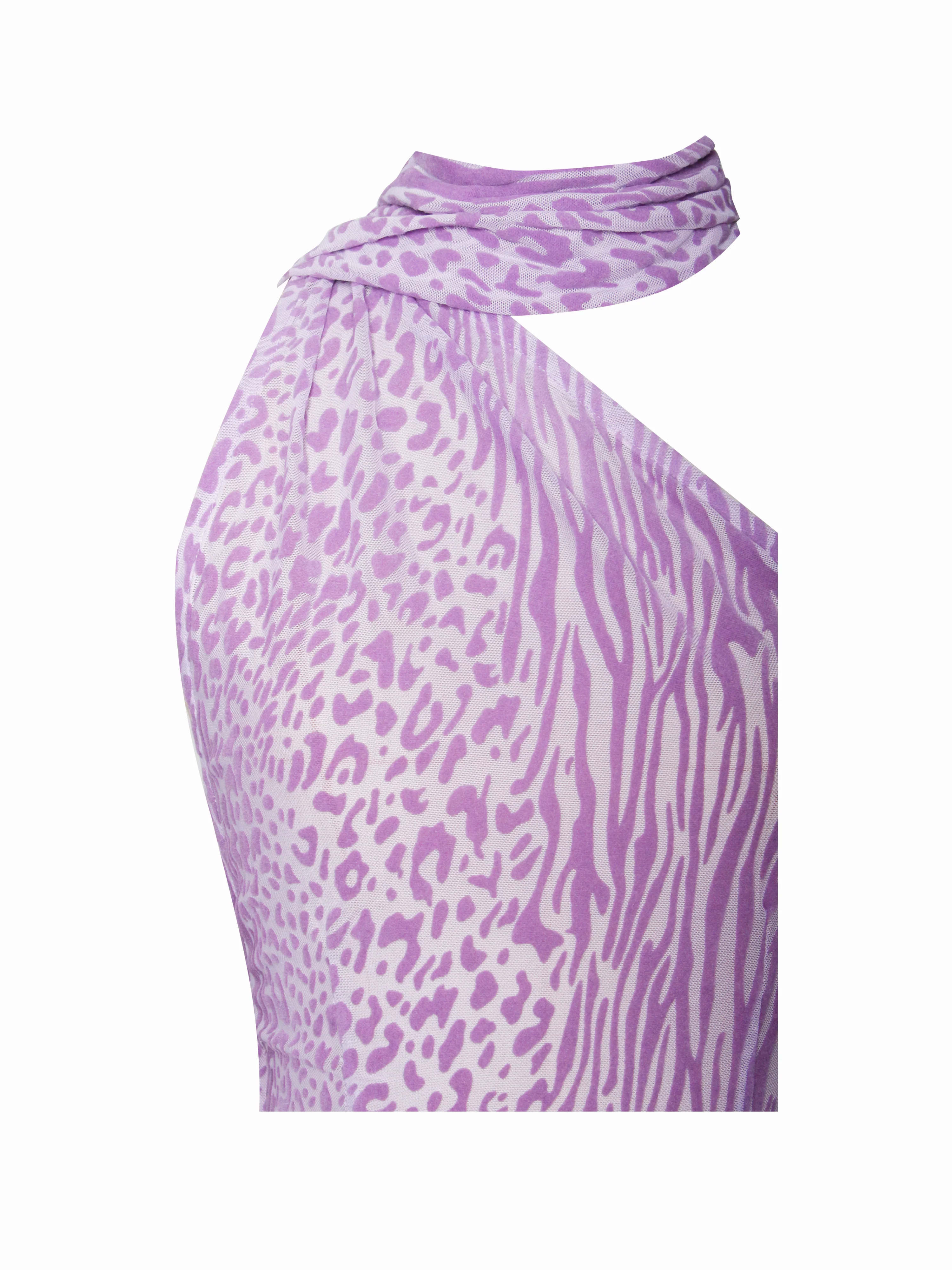 Olena Purple Burnout Velvet Animal Print Mesh Halter Neck Maxi Dress - Image 14