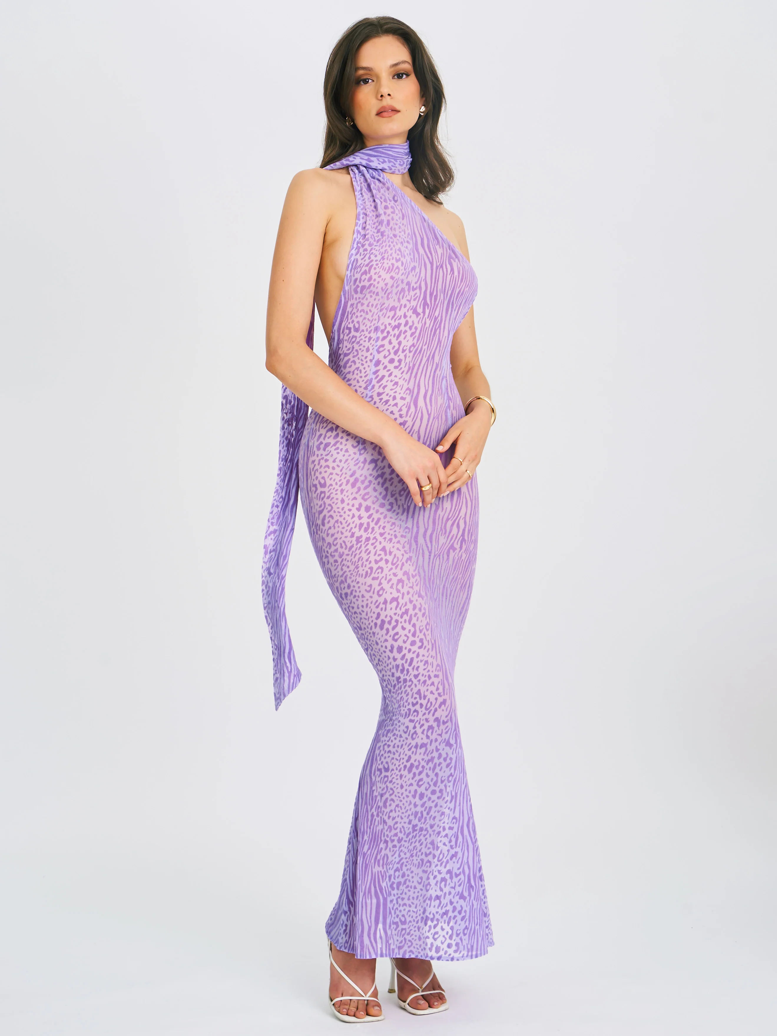 Olena Purple Burnout Velvet Animal Print Mesh Halter Neck Maxi Dress - Image 7