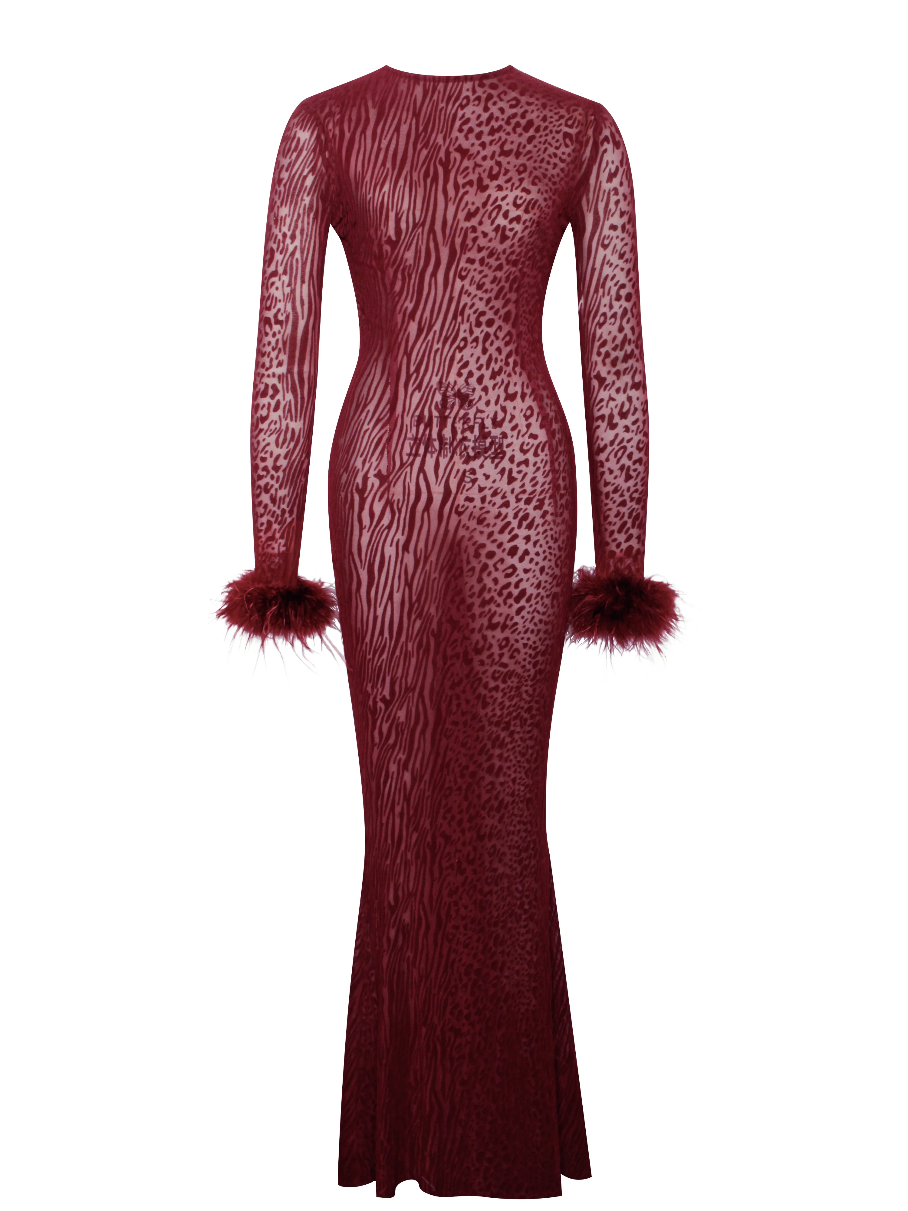 Patricia Burgundy Leopard Burnout Velvet Mesh Backless Maxi Dress - Image 13