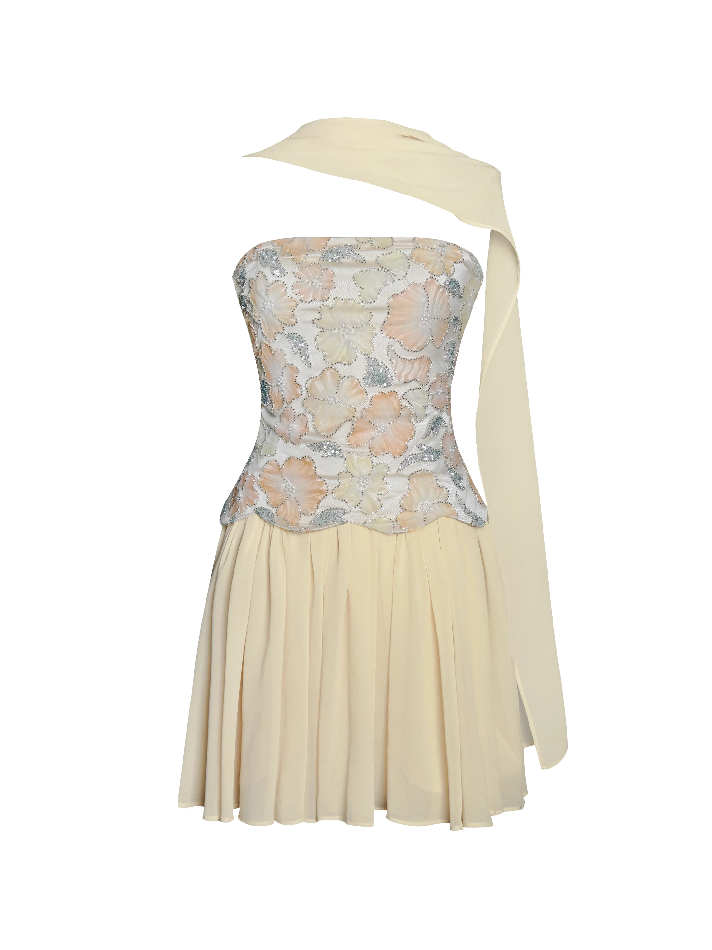 Quanisha Yellow Beaded Floral Mini Chiffon Dress with Scarf - Image 11