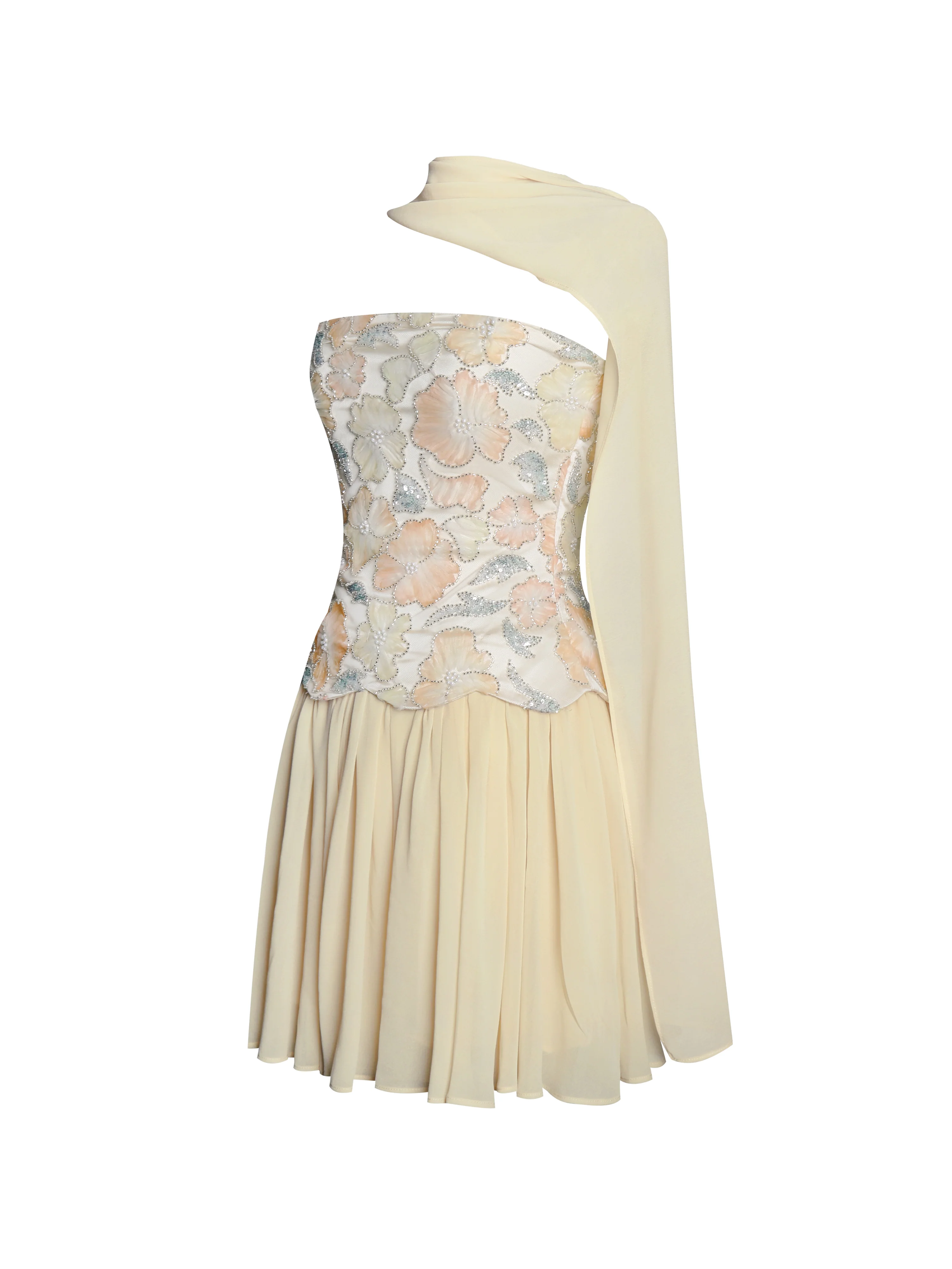 Quanisha Yellow Beaded Floral Mini Chiffon Dress with Scarf - Image 12