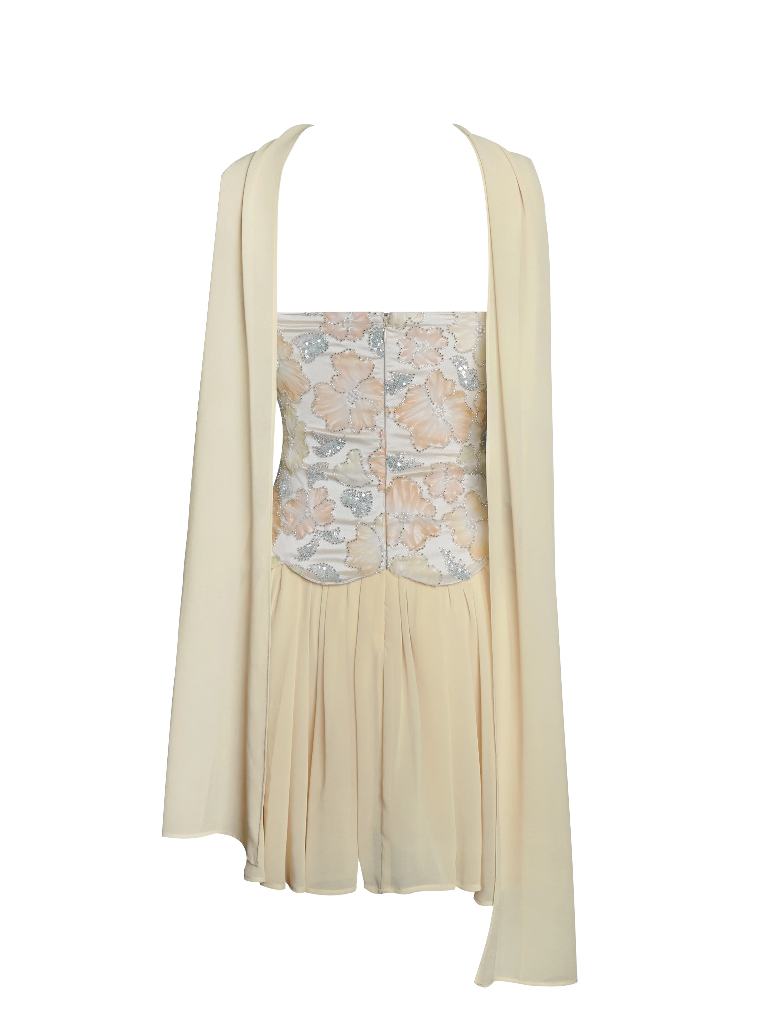 Quanisha Yellow Beaded Floral Mini Chiffon Dress with Scarf - Image 13