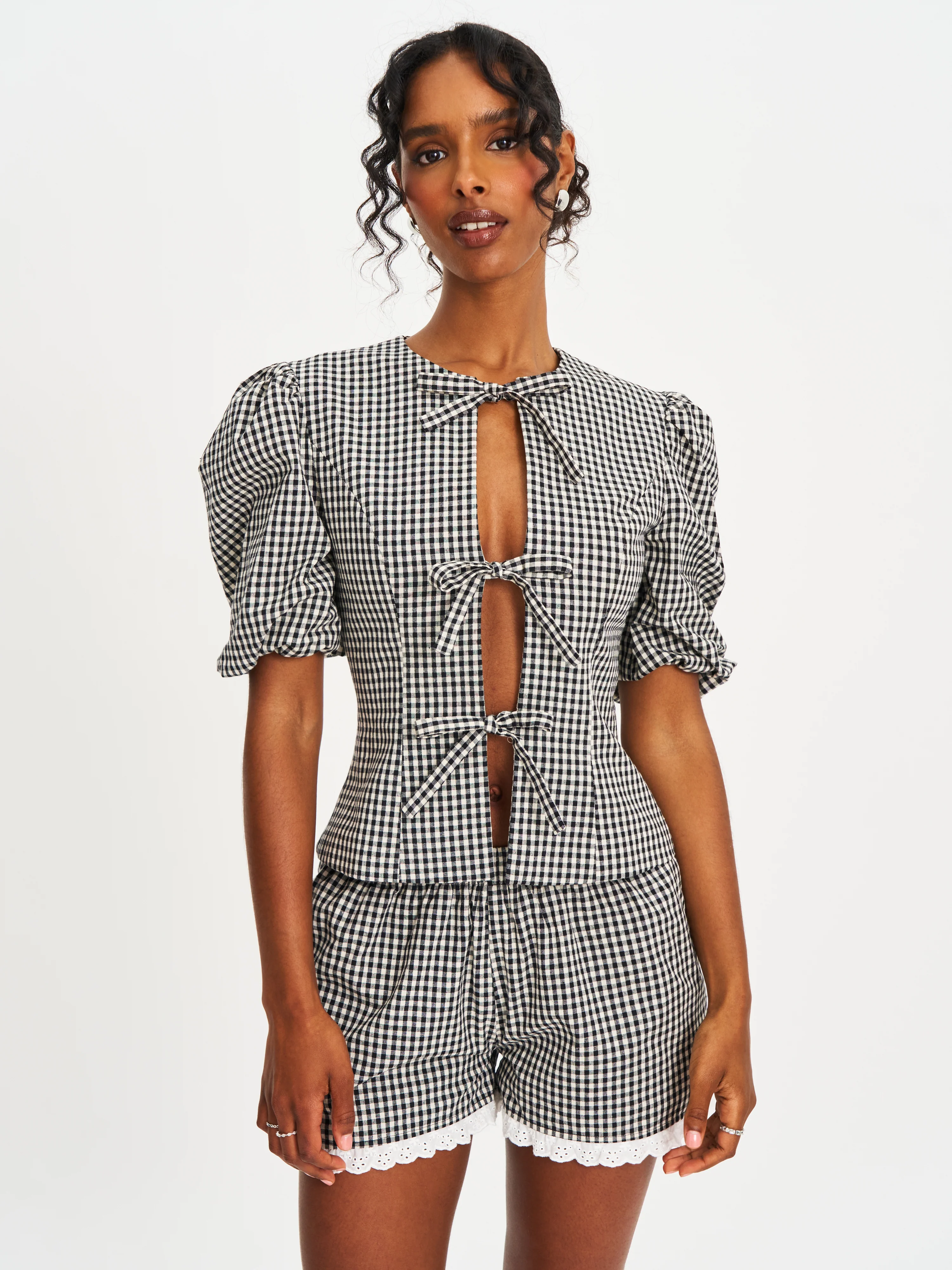 Qutayla Black Gingham Lace Trim Shorts - Image 3