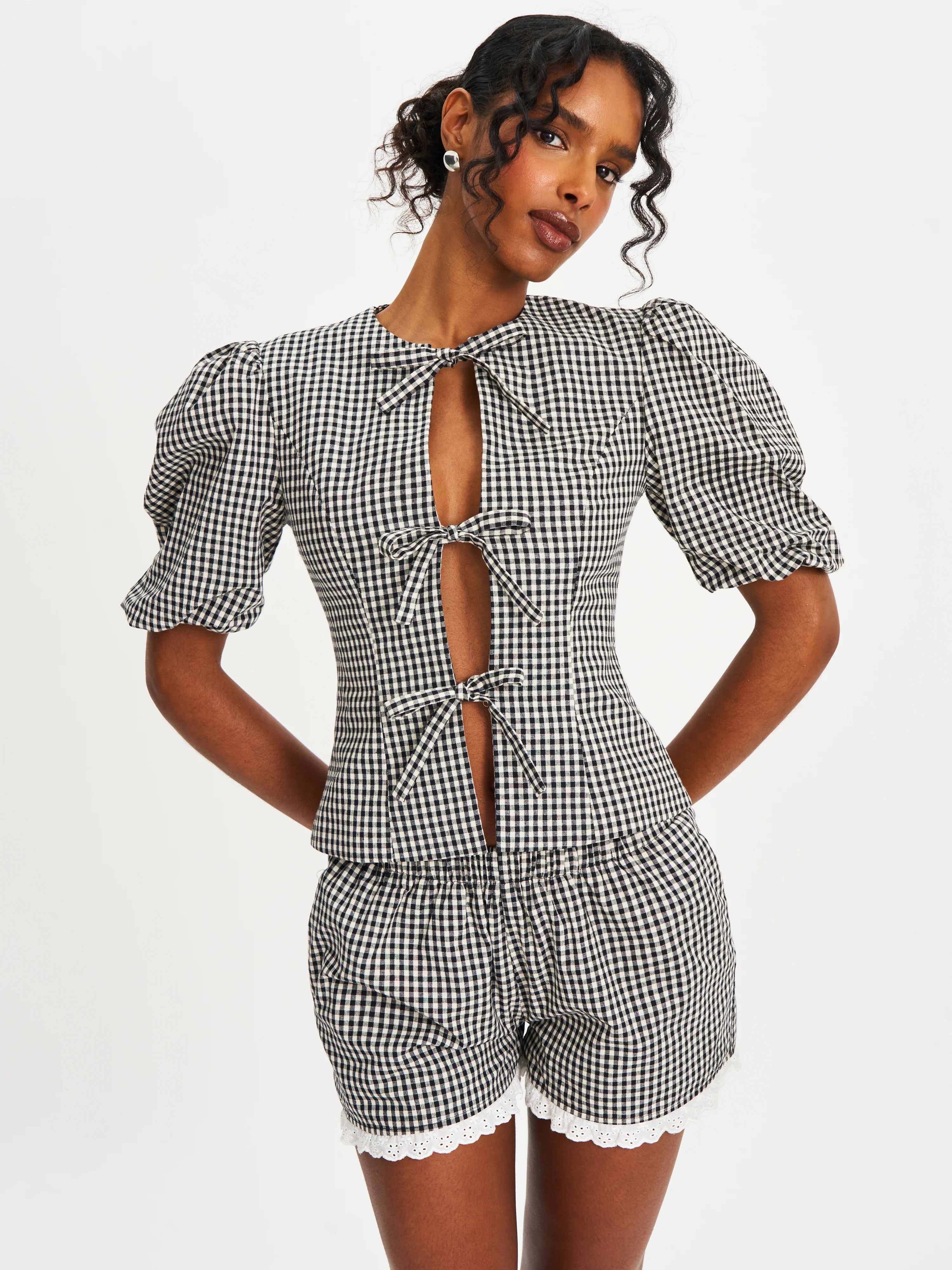 Qutayla Black Gingham Lace Trim Shorts - Image 4