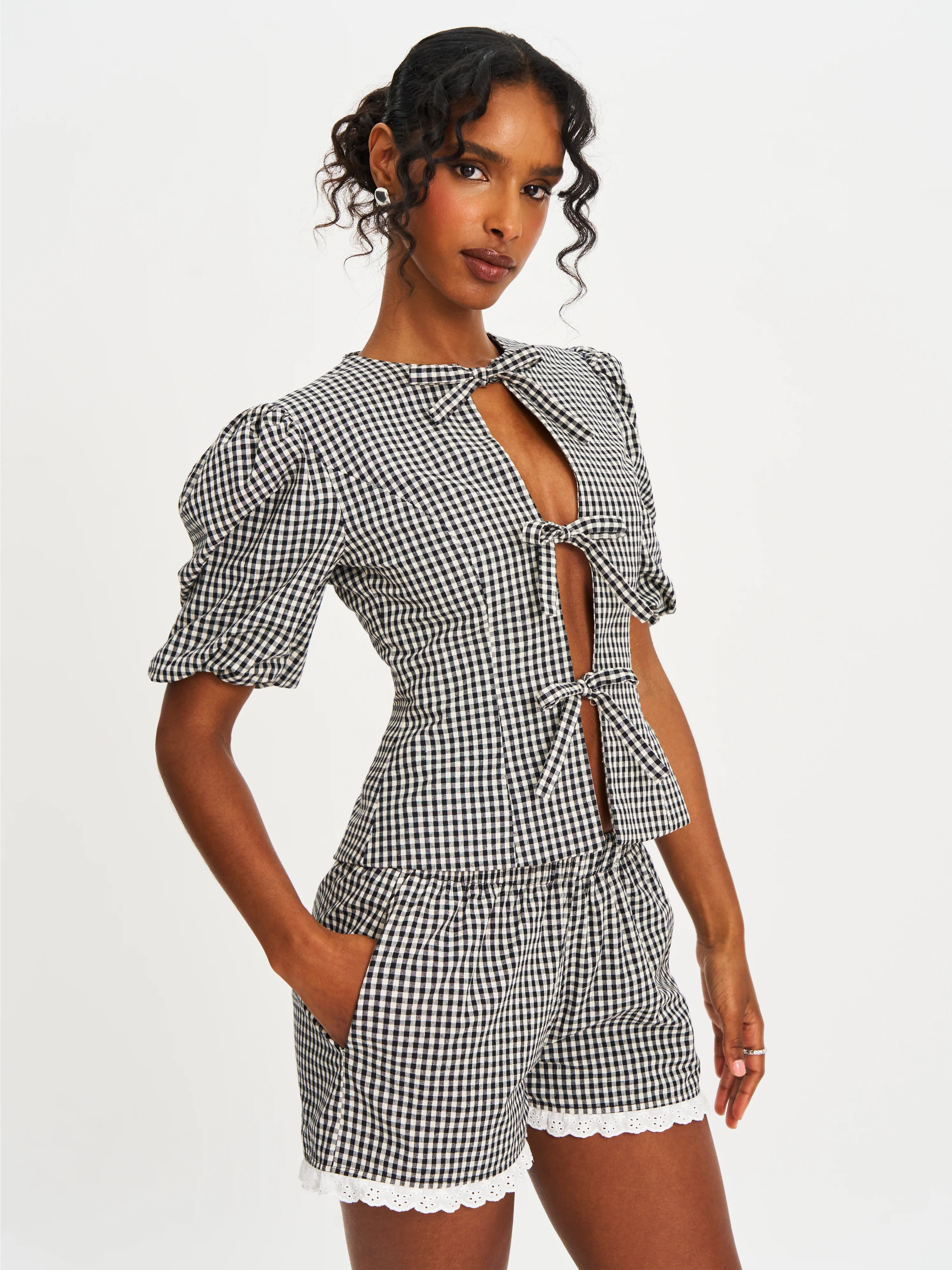 Qutayla Black Gingham Lace Trim Shorts - Image 5