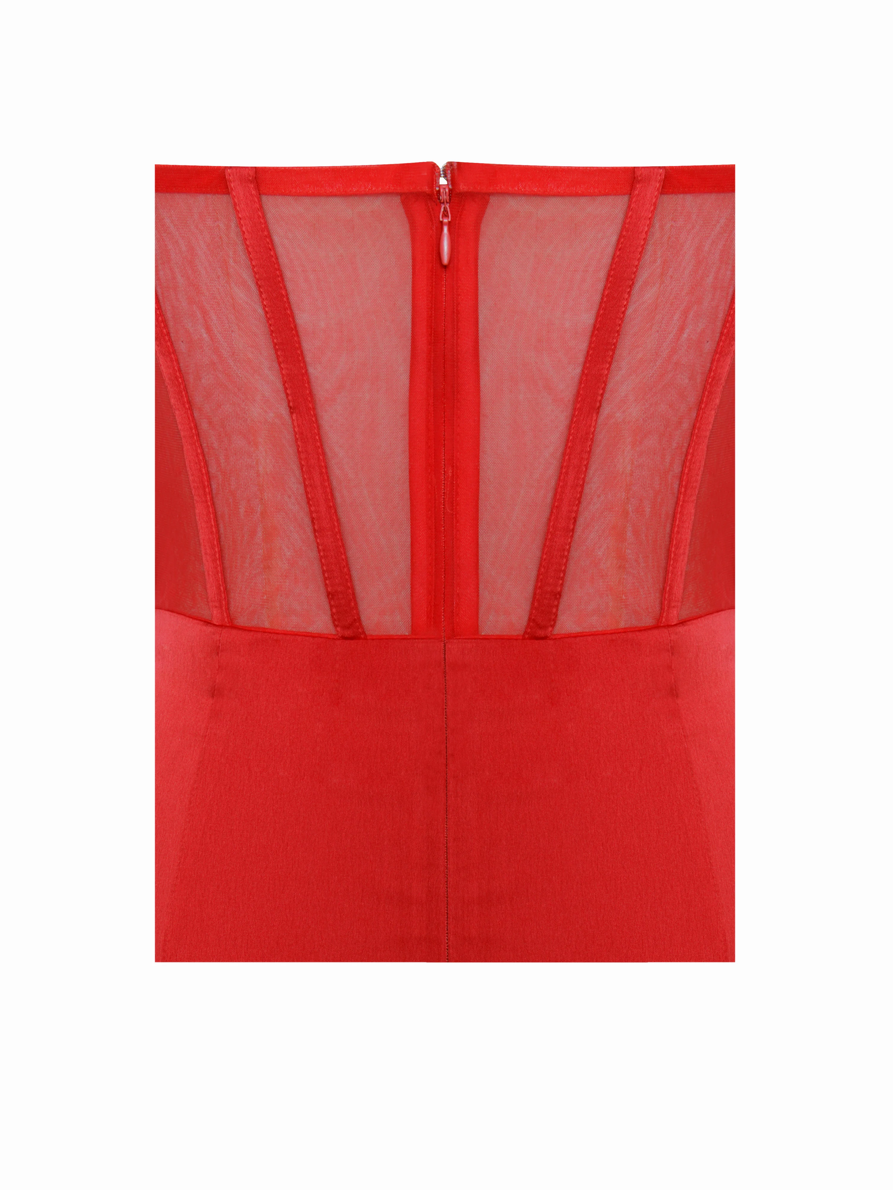 Talia Red Satin Lace Corset Maxi Dress - Image 13