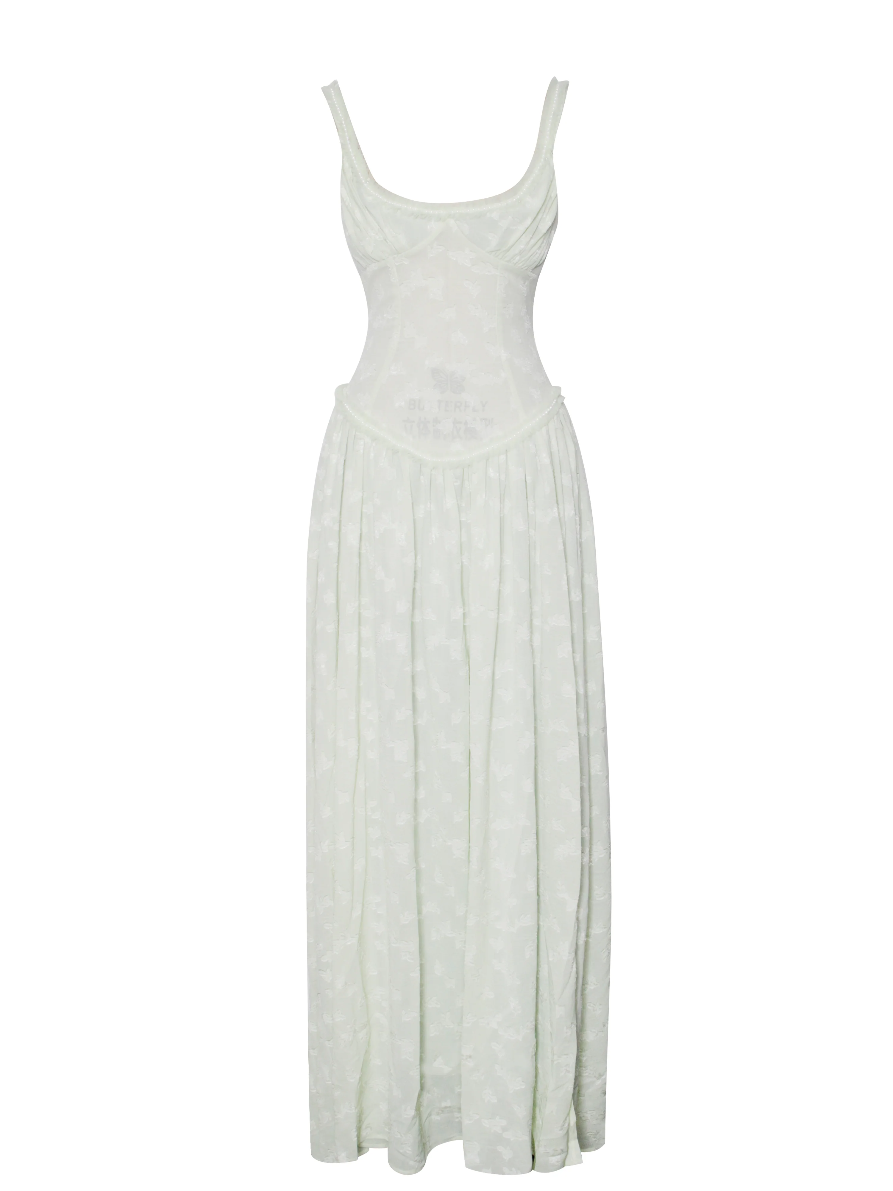 Ulissa Light Green Square Neck Jacquard Textured High Slit Maxi Dress - Image 12