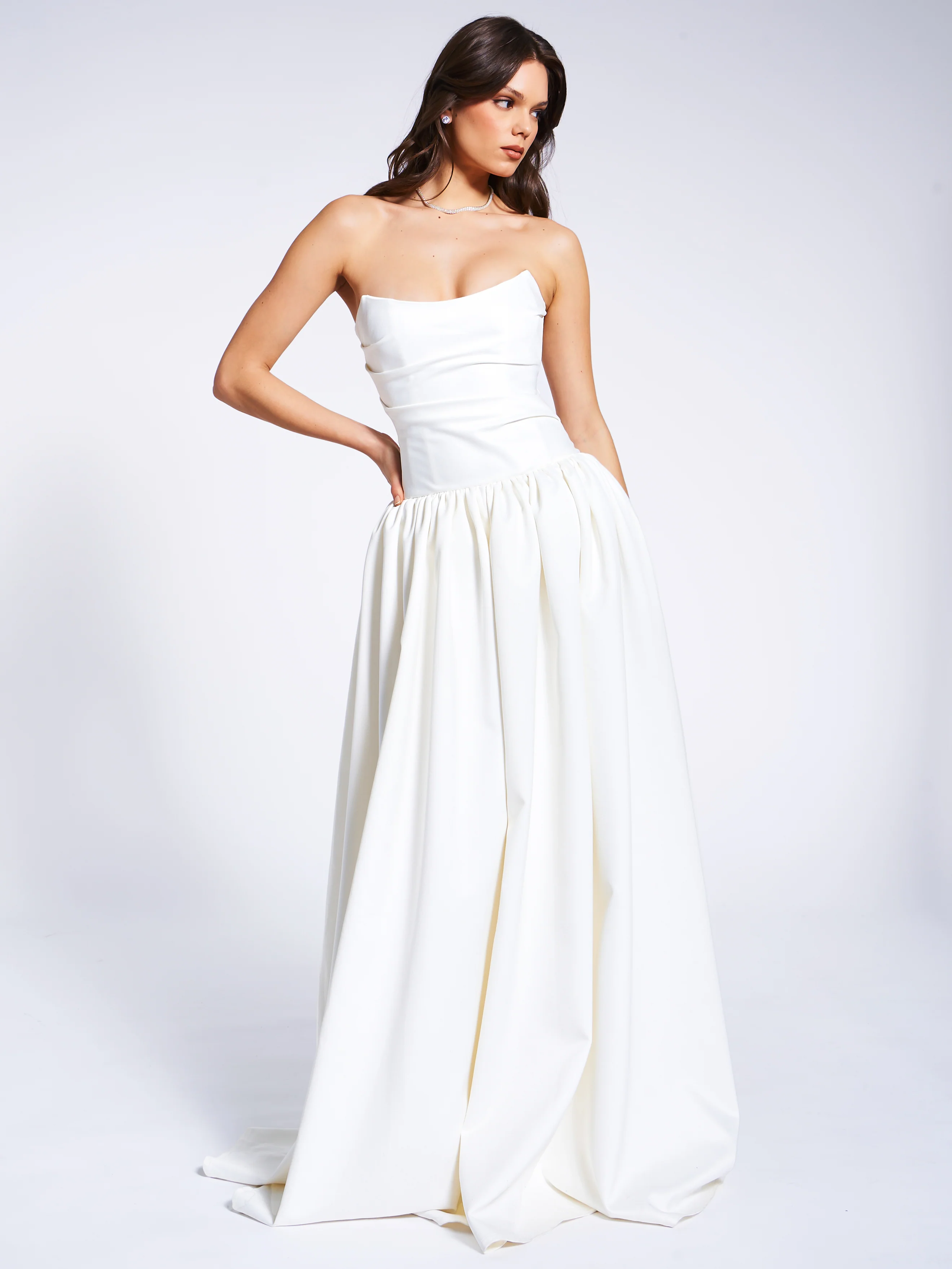 Umay White Drop Waist Satin Corset Bridal Gown - Image 10