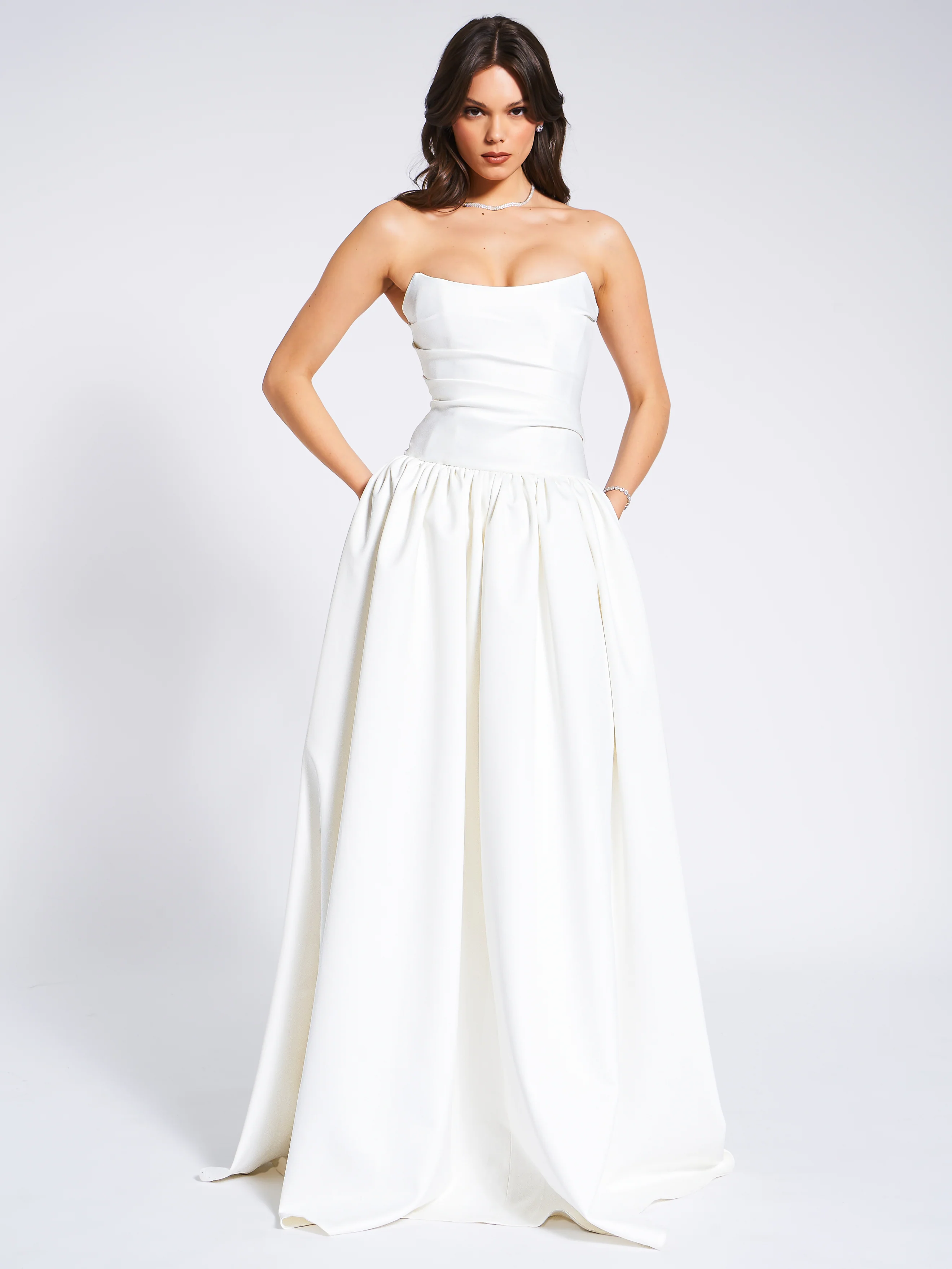 Umay White Drop Waist Satin Corset Bridal Gown - Image 11