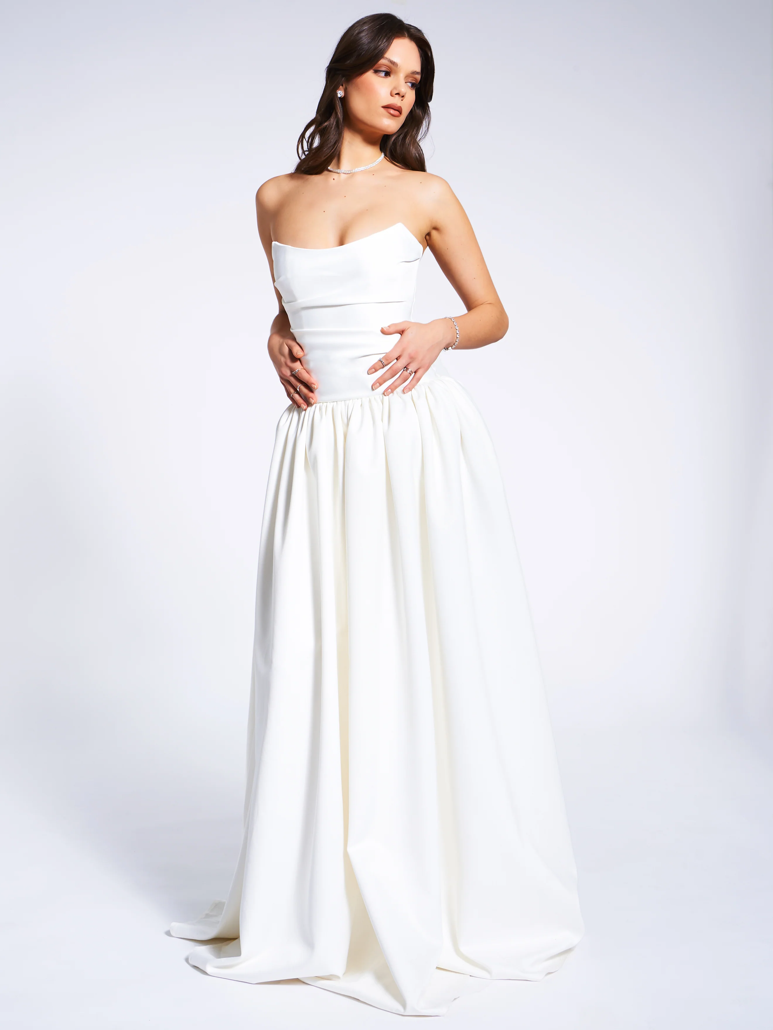 Umay White Drop Waist Satin Corset Bridal Gown - Image 12