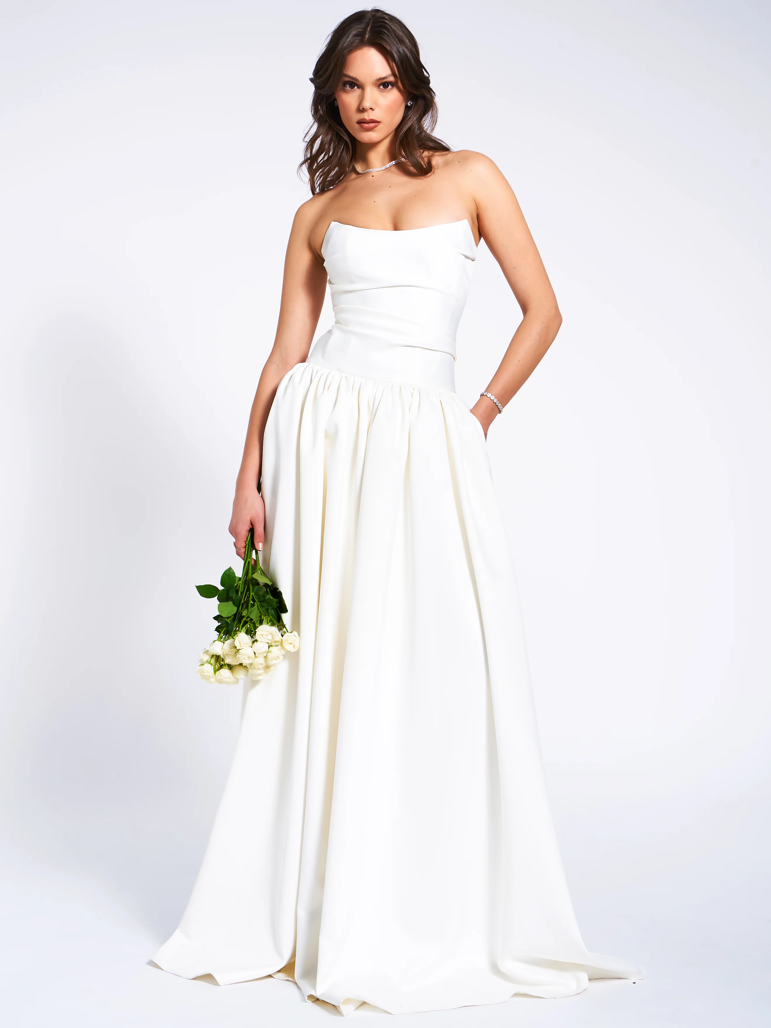 Umay White Drop Waist Satin Corset Bridal Gown - Image 14
