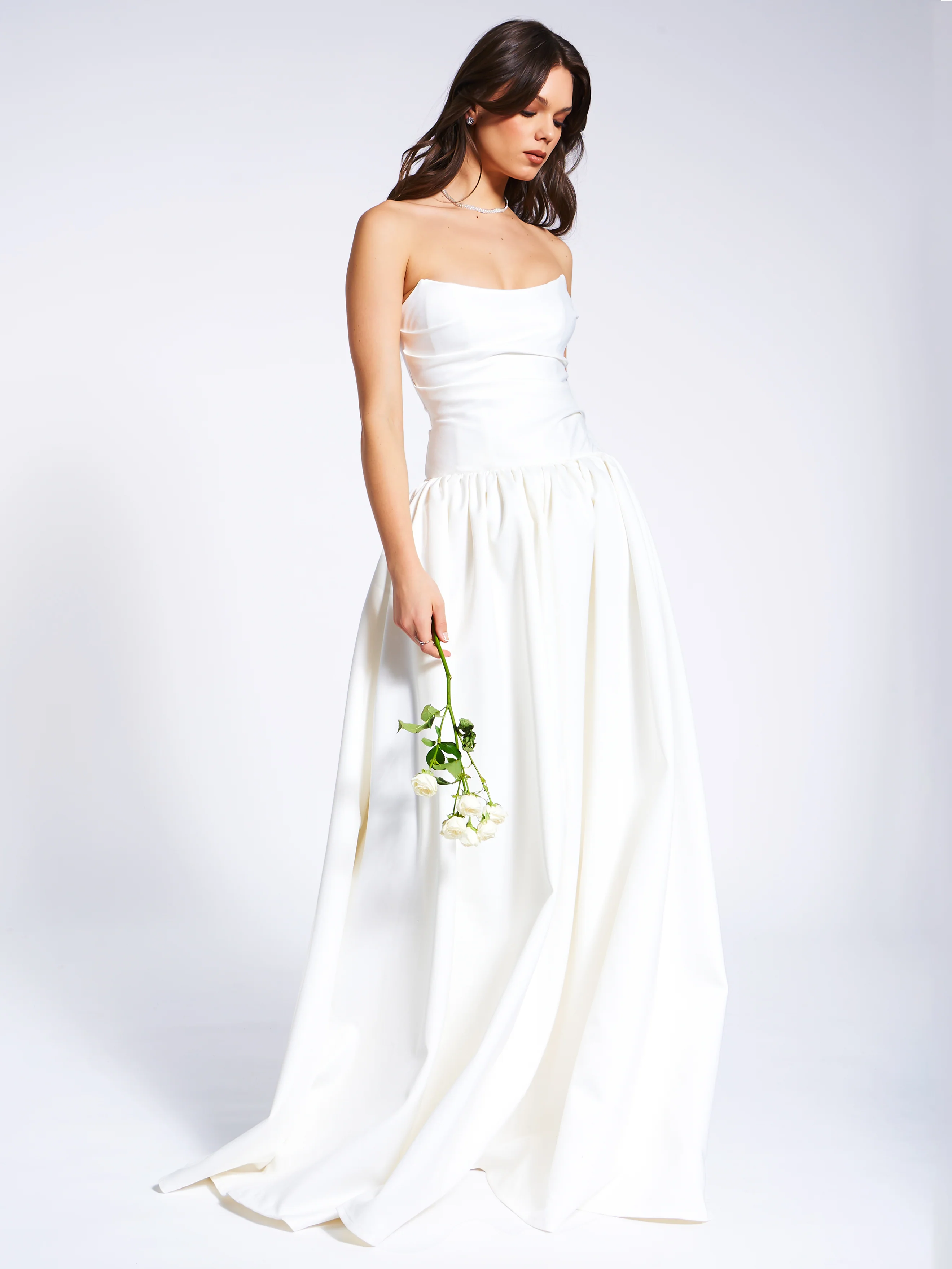 Umay White Drop Waist Satin Corset Bridal Gown - Image 15